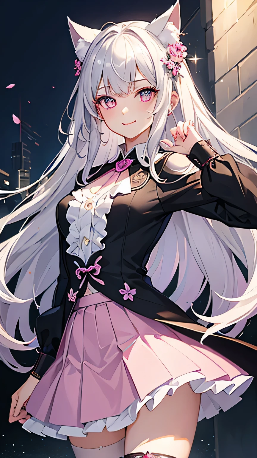masterpiece,highest quality,Highly detailed face,fine grain,Sparkling eyes,Highlighted eyes,Medium chest,pretty girl,smile,Cat ear,Beautiful silver hair,Pink inside,Beautiful pink eyes,Oversized shirt、skirt、black tights,Flower storm,Waterfront