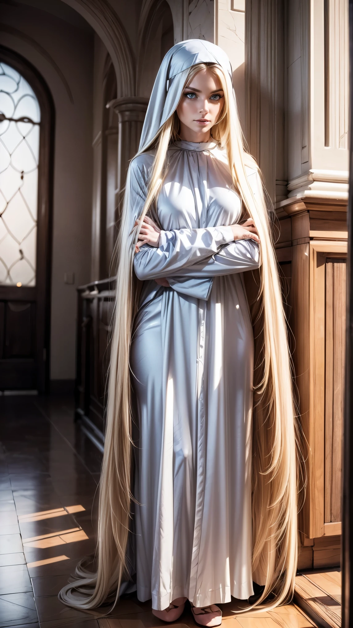 full body Pure blond straight hair, (long hair) (((straight hair))), Detailed hair, Blue Eyes, beautiful eyes, light on the face, pale skin, a 50 year old mysterious, dark, woman, nun, 