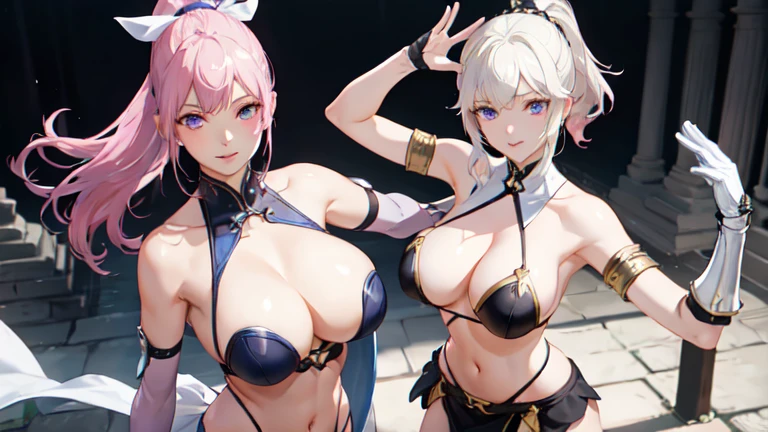 masterpiece、best quality、超high resolution、Realistic skin texture、Leather Armor、Bare breasts、Reality、high resolution、RAW photos、shiny skin、Realistic skin texture、Optimal lighting、shine、Dramatic Lighting、Dynamic poses、Greek temple background、Female warrior、Rune Greatsword、arena、2 Girls、精致big eyes、Pink ribbon、Roman skirt、White Blonde Long Hair、High Ponytail、blue eyes、Clear eyes，look at the audience、 Large Breasts、、Smile、, Solitary, 2 Girls,  Pink Hair, Purple Eyes, short hair, Flowering, , Bikini, big eyes, , Black fishnet stockings,Make an action, 