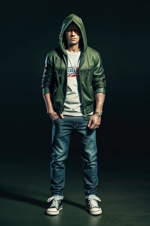 Man in hoodie Hooded And on top of that, and on top green Dark leather jacket on top and darkened face cap and jeans and converse sneakers Heroic Presence Serious and strong pose Standing Rolled-up sleeves Standing Rolled-up sleeves, open jacket, Converse Sneakers Rolled-up, sleeves rolled-up sleeves