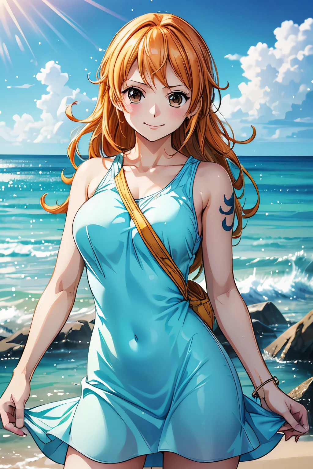 (masterpiece, best quality), ((1girl, solo, long hair)), Ishmael_limbus, innocence expression, bare arms, bare shoulders, bare neck, watercolor, sundress, liquid clothes, water, waves, water dress, blue_theme, night, mist, dark, sharp focus, sea, see-through dress, orange hair, (nswf:1.5)