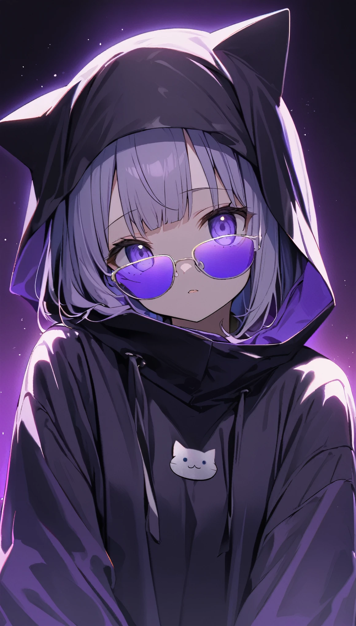 A girl (Light blue glasses Best image quality Noise Reduction Transparent parts、OK、cat ear hoodie、 Wearing a headscarf、 Shrouded in purple darkness)