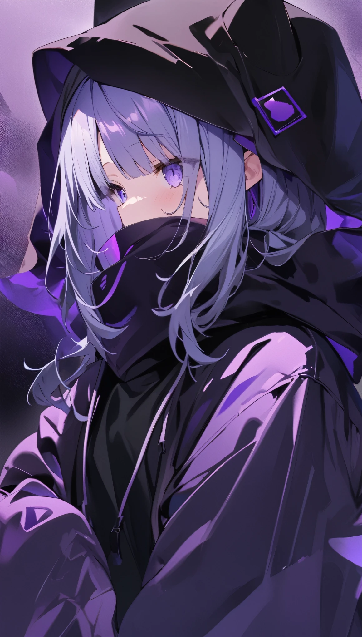 A girl (Light blue glasses Best image quality Noise Reduction Transparent parts、OK、cat ear hoodie、 Wearing a headscarf、 Shrouded in purple darkness)