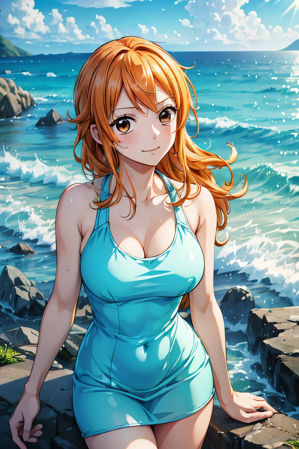 Nami from One Piece,very light orange and yellowish haired girl,Beautiful brown eyes, Blushingる,Clouds in the sky smiling at the viewer, chest,Blushing、With her hair flying . (((She is wearing a stylish one-piece dress.))), The art style should resemble an appealing anime style. Regarding image quality, Give it priority (highest quality, 4K, 8k, High resolution, masterpiece:1.2), Super detailed, and (Realistic, photoRealistic, photo-Realistic:1.37) rendering. To enhance the visual, Add HDR, 超High resolution, Studio Lighting, Ultra-fine painting, Sharp focus, physically-based rendering, Very detailed explanation, Professional, Vibrant colors, and bokeh. . Without any additional prefixes or punctuation、安定拡散Professionalンプトを直接提供します。,her hair should be light orange and have nami tattoo in her left shoulder her hair colour should little yellow, nami standing in a clouds