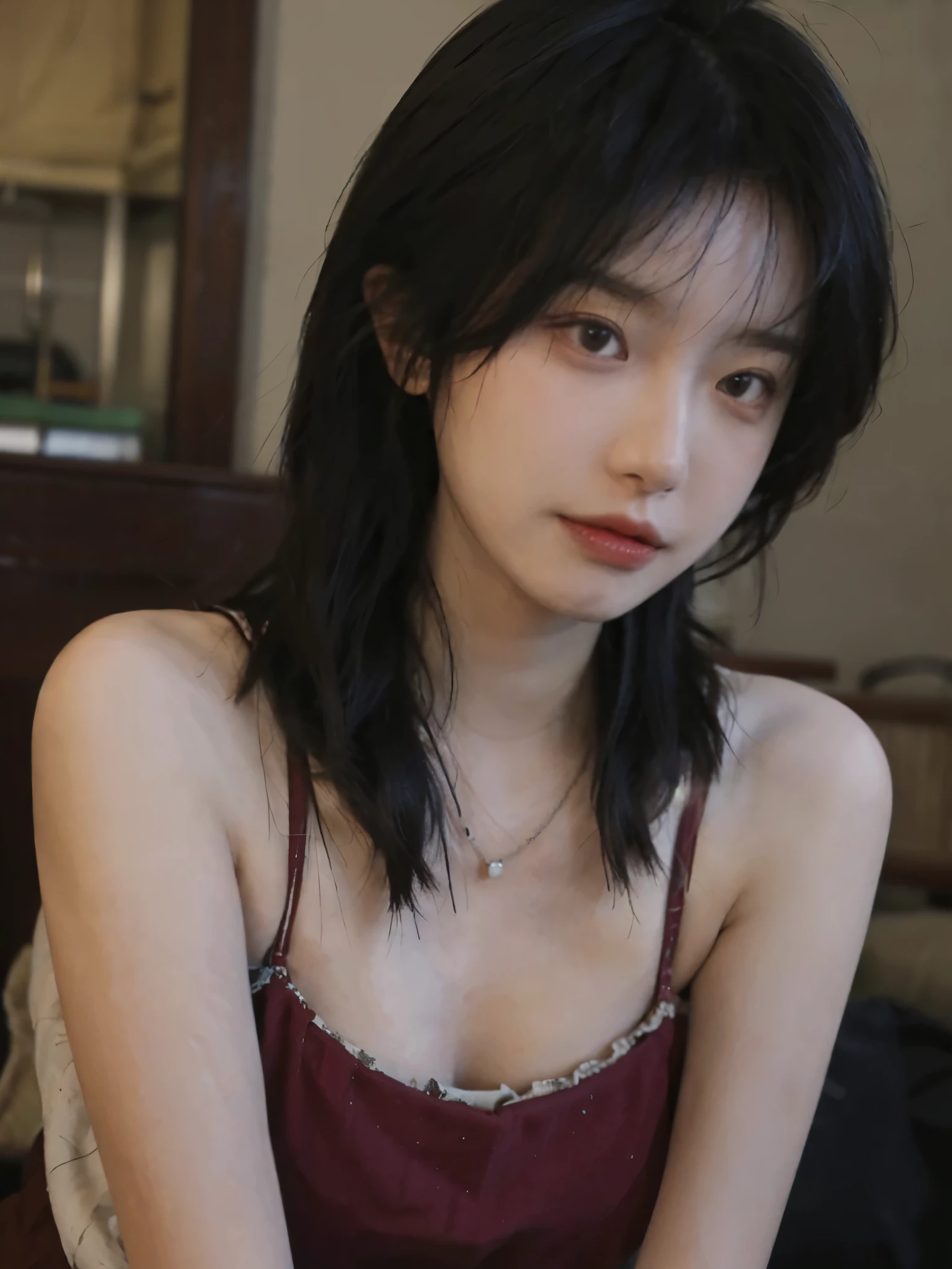 Film portrait photography, 2 girls, Bare shoulders,Lipstick,(flat chest:1.4), Wear a necklace,Cute expression,Exquisite makeup,Red suspenders,serene, calm, (Realistic and detailed eyes, Natural skin texture, Realistic facial details), Big breasts:1.6,Big Breasts,Soft dramatic lighting, Depth of Field, Bokeh, Vibrant details, Detailed and detailed, Surreal, 35mm film, hazy, ,