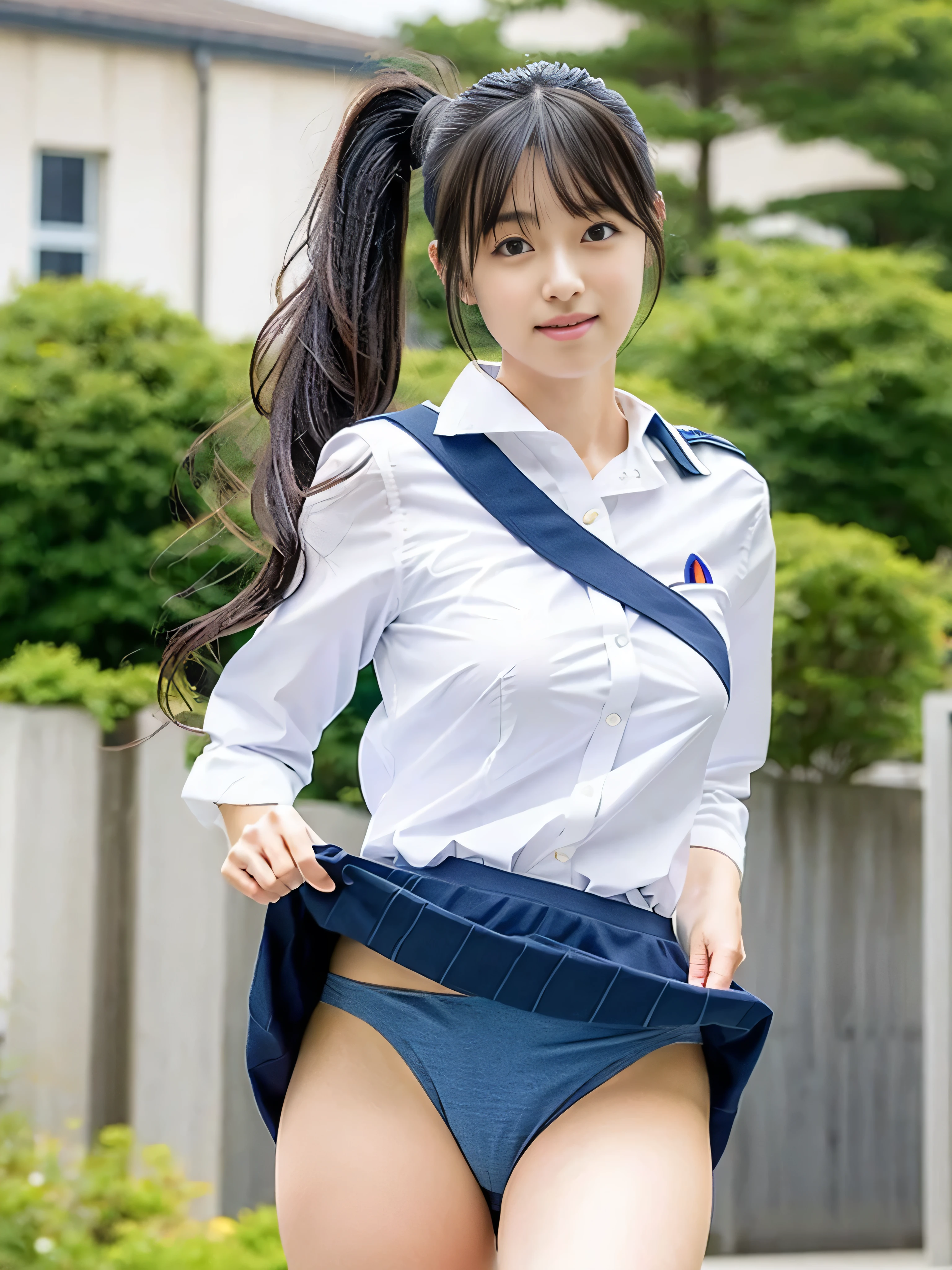 1girl, solo, Laura S. Arseid (long dark blue hair, ponytail and side Bang, small boobs), (inspired by trails of cold steel) in a school dress showing off her panties, in a military school, embarrassed