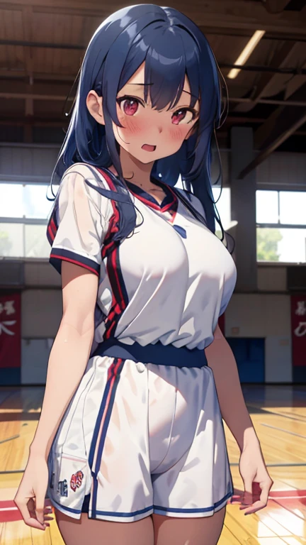 mastute piece,Best Quality,insanely detailed,8k cg,nsfw,
shoot upper body,(body in front:1.1),
1girl,standing,looking at viewer,Proudly、(upright:1.3),(Basketball Uniforms),
break,blush,shy,(trembling:1.2),break,(Blue Hair),(large breasts),Short:1.2、(open mouth:0.9),(Basketball Court),