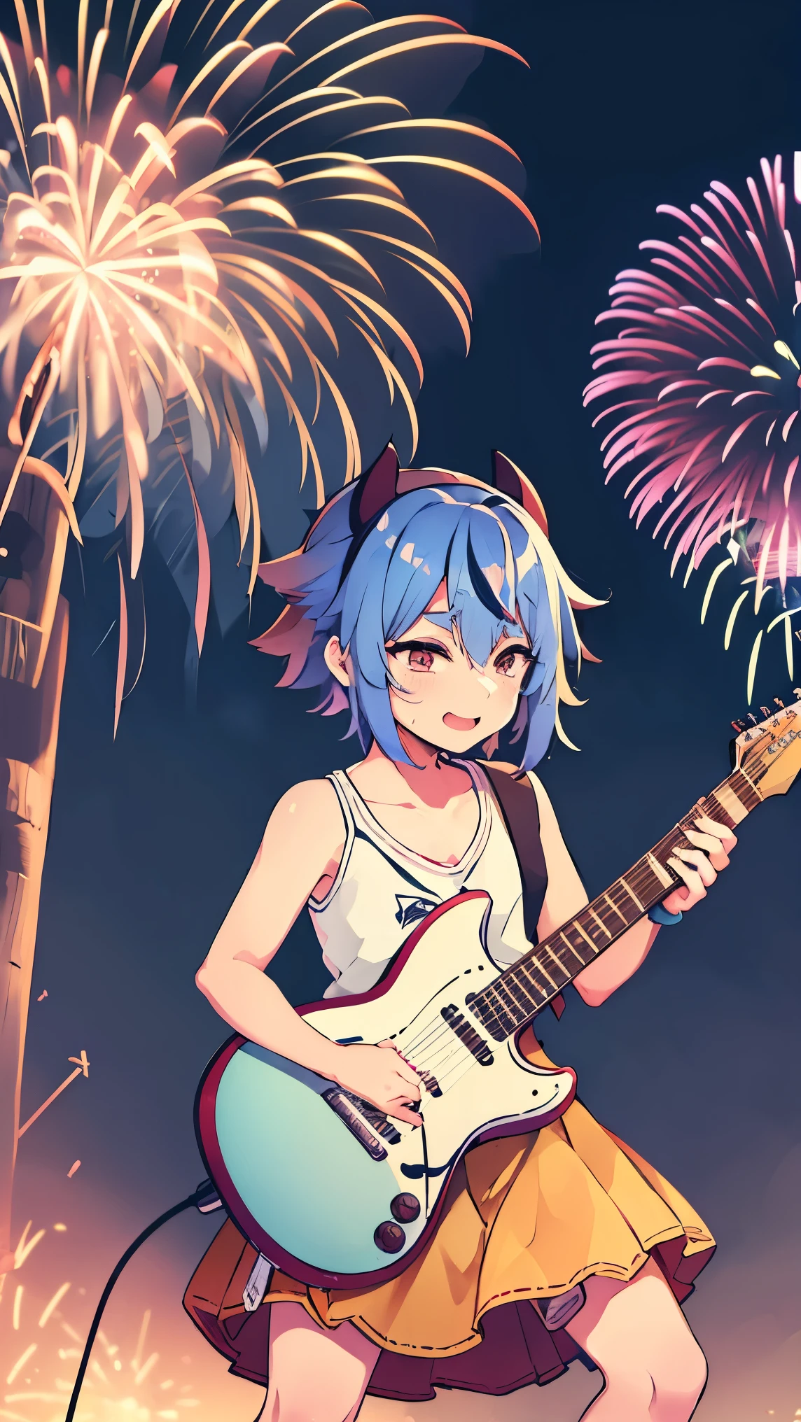 masterpiece, highest quality, High resolution, Mikoto Naruhana holding a guitar, Outdoor, (((Electric guitar)), (((firework)))