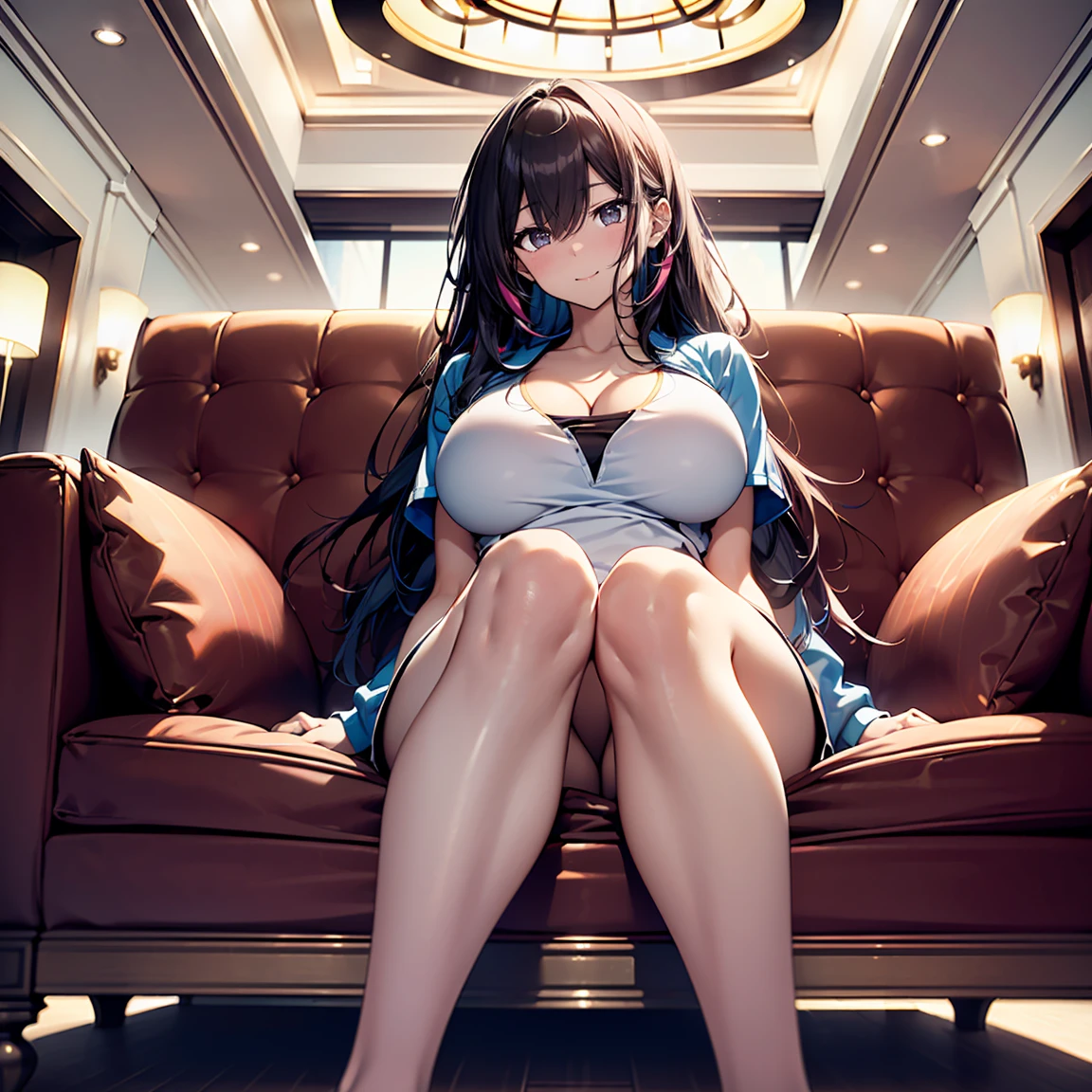 (Top quality,high resolution,(Ultra HD,4k), (Ultra-high resolution,8K),On the table:1.2), (Perfect anatomical structure,Anatomically accurate), (From the angle from below), (soft light, Ray Tracing), (((Sitting on a sofa in the lobby of a luxury hotel, legs spread))), (Two cute high school girls), HD beauty, (Tennis Clothes), cleavage, ((Ansco)), (Clear double eyelids), (fascinated expression),(Large Breasts:1.3), National Foundation,(soft skin), (Reality), (radiant skin), (Colorful hair)