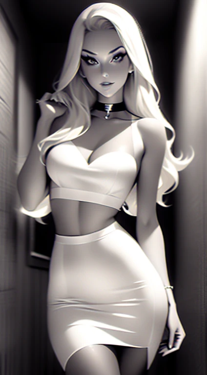 Beautiful 20yr old girl, blonde, detailed, toned body, femme fatale, Noir et blanc, monochrome, looking at viewer, thin black choker, pencil skirt with high slit, white sheer blouse