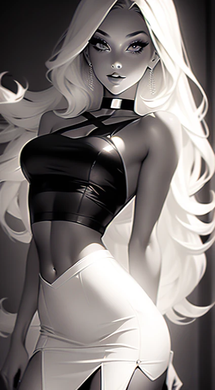 Beautiful 20yr old girl, blonde, detailed, toned body, femme fatale, Noir et blanc, monochrome, looking at viewer, black short club dress, thigh gap