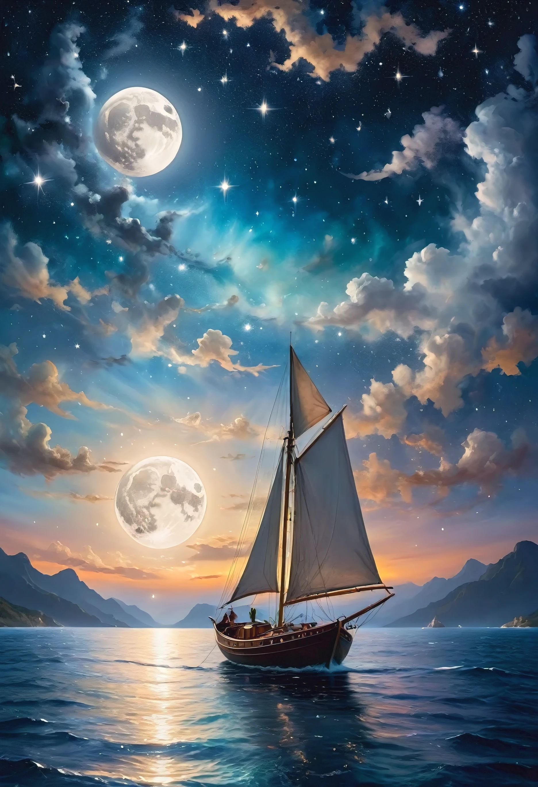 the moon, a silver boat, sails through the sea of ​​stars, painting dreams on the night sky.":7.2