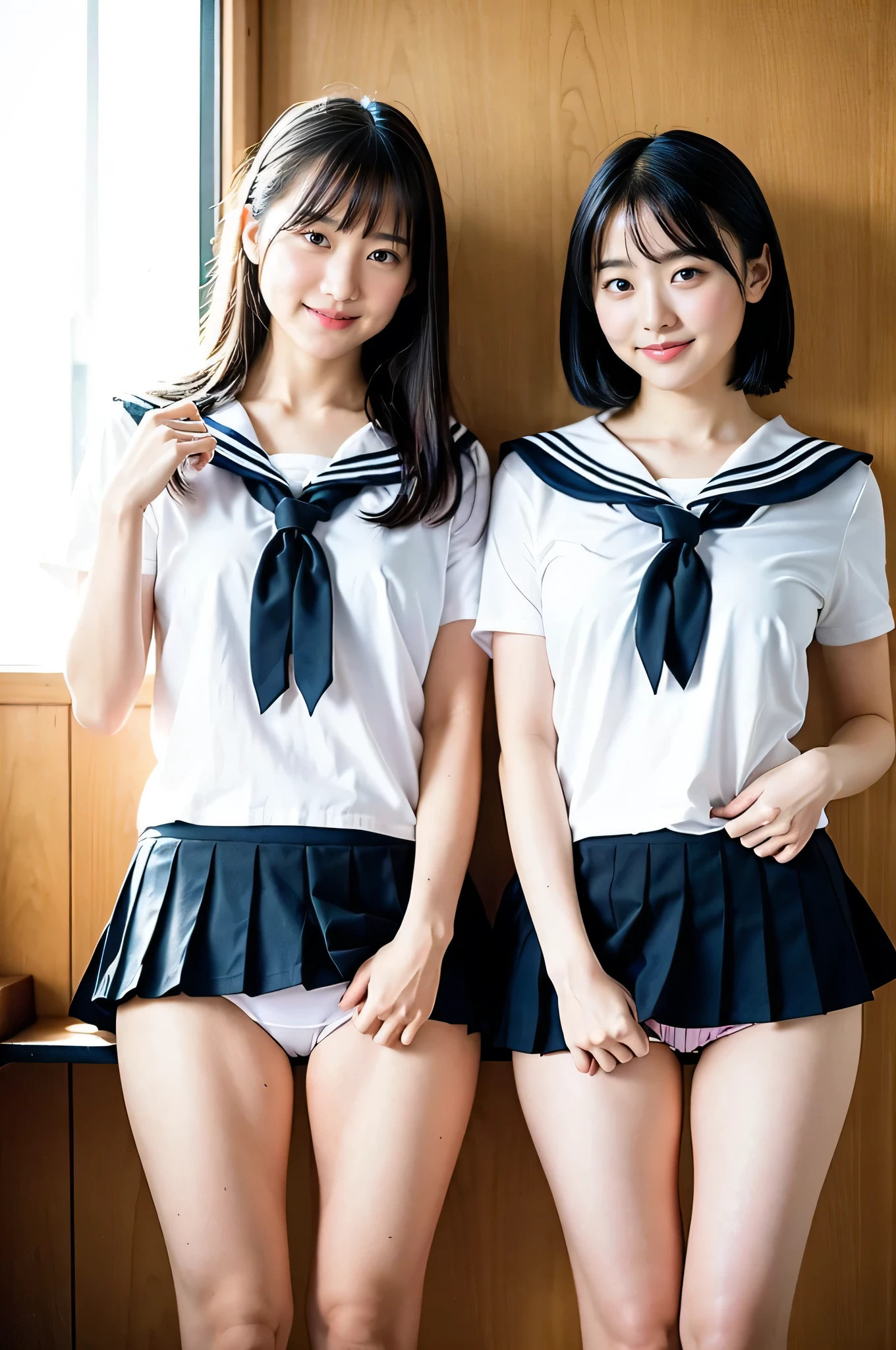 Two girls in a traditional Japanese classroom near the window,Wet white sailor swimsuit,18-year-old,bangs,A little smile,Thighs,knees,Straight hair with barrette,From below,Front light, White panties visible from the skirt、Lift the hem of your skirt with both hands to reveal your panties.