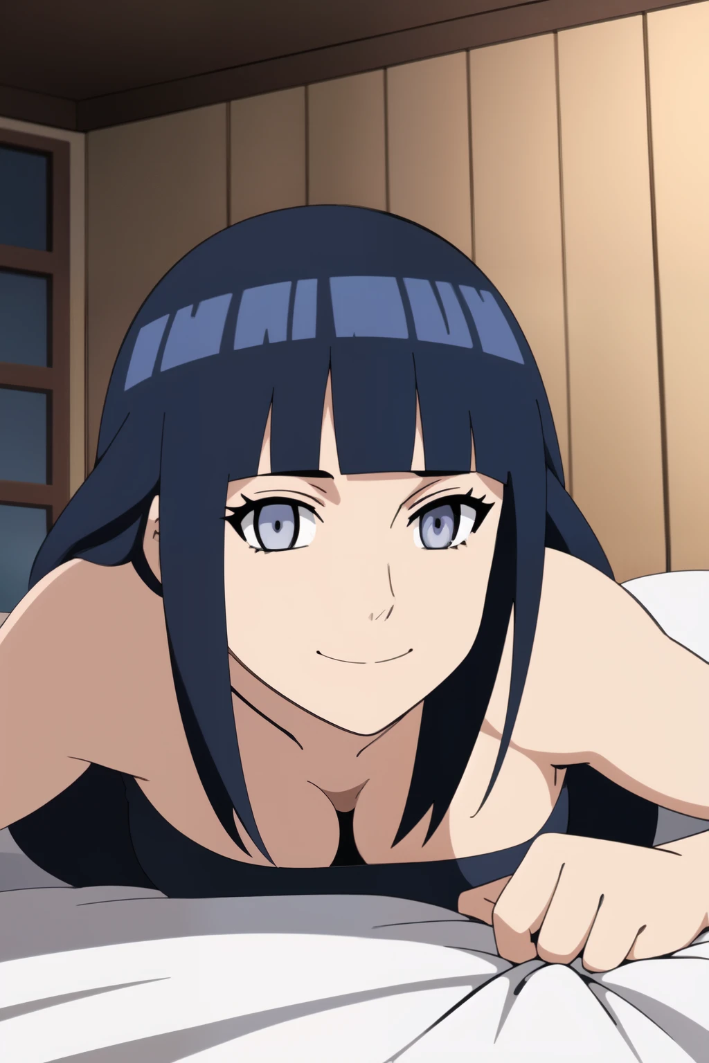 Anime background art, bottom of room, one bed, lying on a bed, beautiful anime scenes, 4K anime art wallpaper, 4k anime art wallpaper, Rosla global illumination, anime girl, best quality, detailed, 1 girl, alone, same as LORA, same as lora, closed mouth, smile, black hair, long hair, defined eyes, grey eyes, looking at viewer, perfect face, perfect eyes, lora costume, big tits.