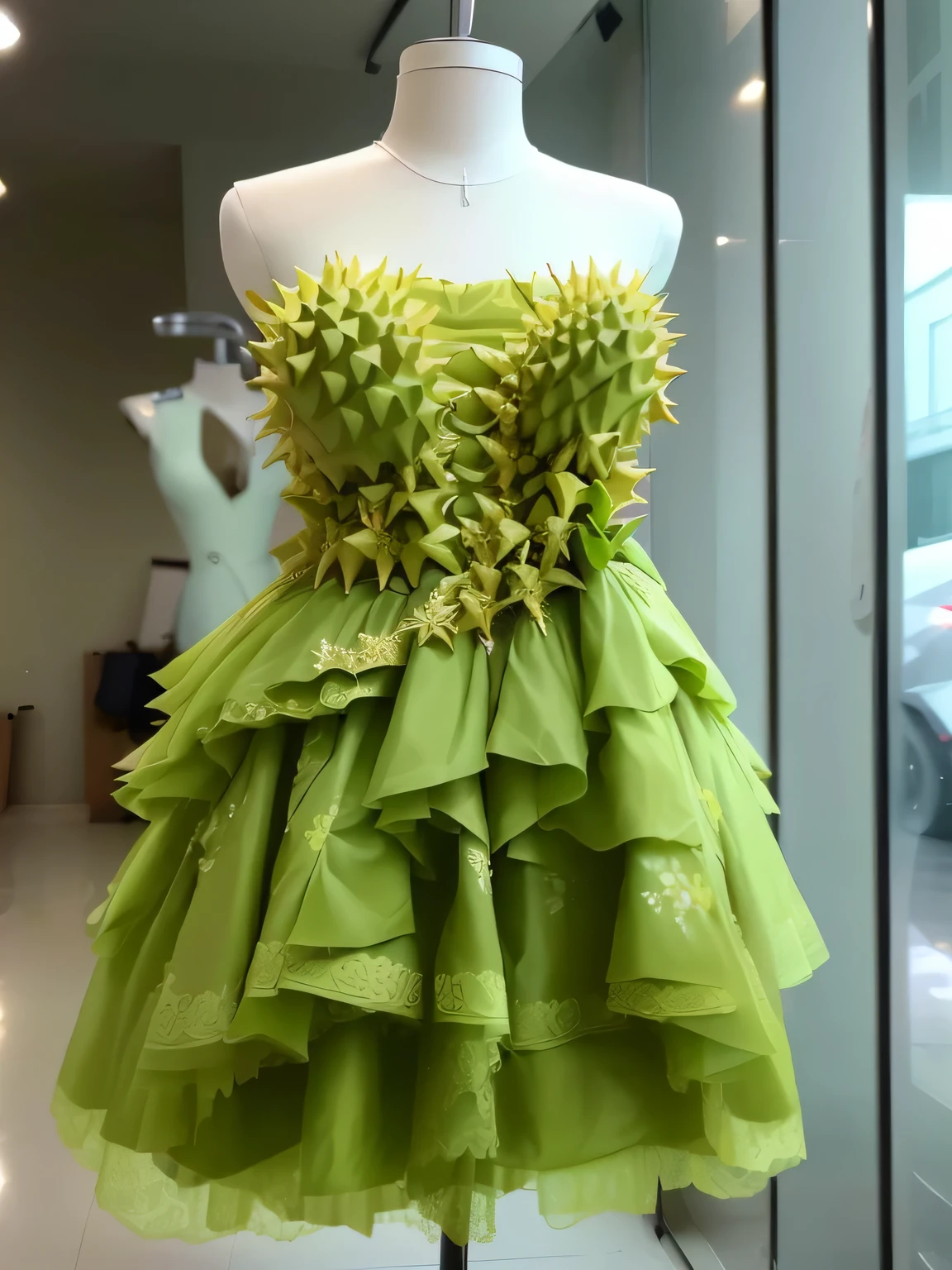 Close-up of a ruffled dress on a model, Clothes made from durian peel, Wearing a skirt made of thorns, Wearing a skirt made of durian, a complicated dress, Durian decoration on skirt, Durian dress, full body dress, Dressed beautifully, dress, Skirt made from durian thorns, Dreamy dress, Expensive loose dress