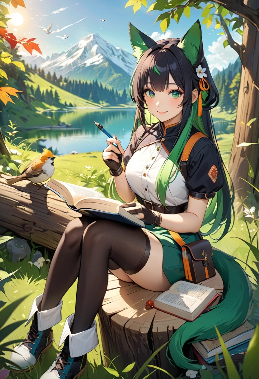 masterpiece, highest quality,, One girl, Sitting, animal, animal ears, bird, black_hair, Book, Bookmark, branch, gloves, Grass, green hair, Holding, Holding Book, Food, Food down, leaf, View Viewer, multicolored hair, open_Book, partially fingerless gloves, pen, plant, Pouch, 羽pen, read, Sitting, smile, alone, tail, wood, wood stump,, null, sun, Mountain, forest, lake