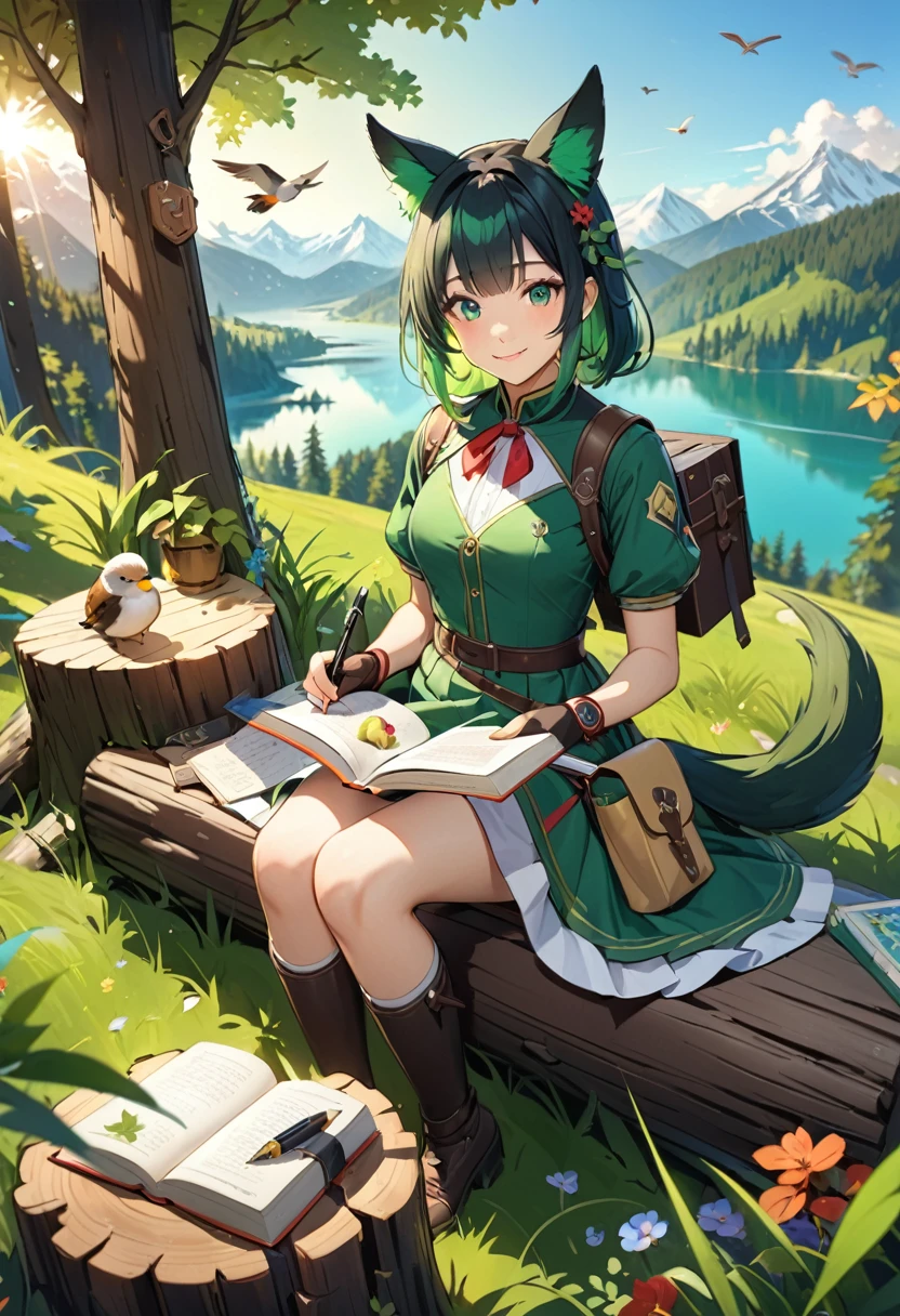 masterpiece, highest quality,, One girl, Sitting, animal, animal ears, bird, black_hair, Book, Bookmark, branch, gloves, Grass, green hair, Holding, Holding Book, Food, Food down, leaf, View Viewer, multicolored hair, open_Book, partially fingerless gloves, pen, plant, Pouch, 羽pen, read, Sitting, smile, alone, tail, wood, wood stump,, null, sun, Mountain, forest, lake