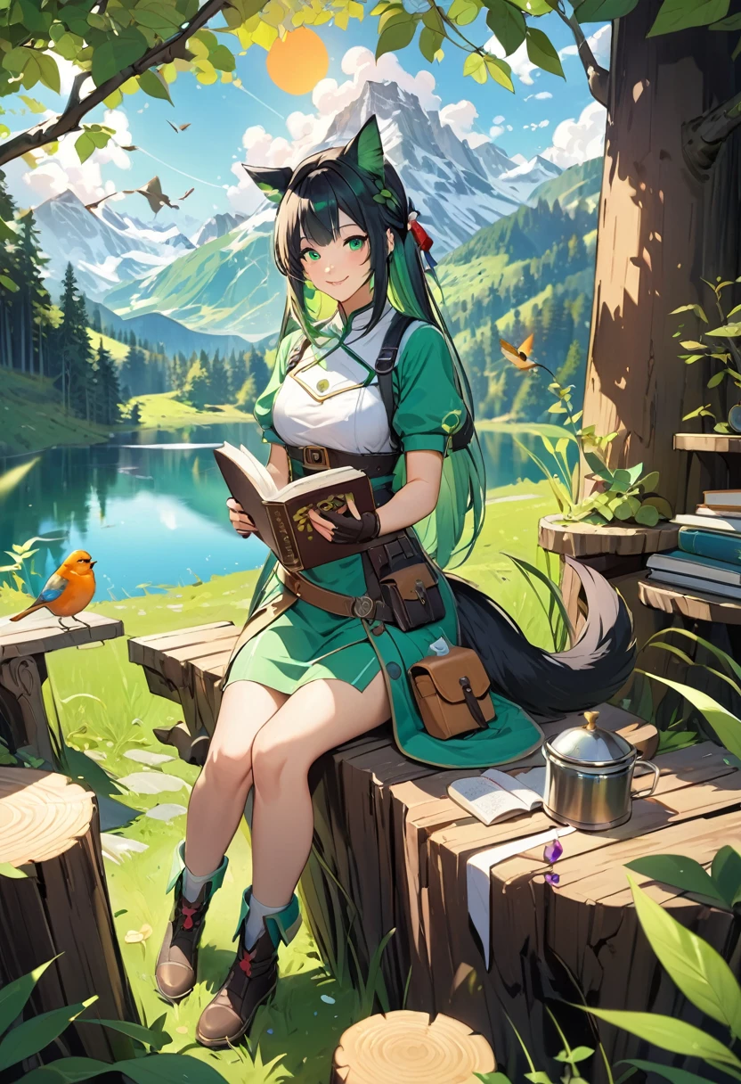 masterpiece, highest quality,, One girl, Sitting, animal, animal ears, bird, black_hair, Book, Bookmark, branch, gloves, Grass, green hair, Holding, Holding Book, Food, Food down, leaf, View Viewer, multicolored hair, open_Book, partially fingerless gloves, pen, plant, Pouch, 羽pen, read, Sitting, smile, alone, tail, wood, wood stump,, null, sun, Mountain, forest, lake