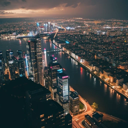 rain, City, View from high above, night