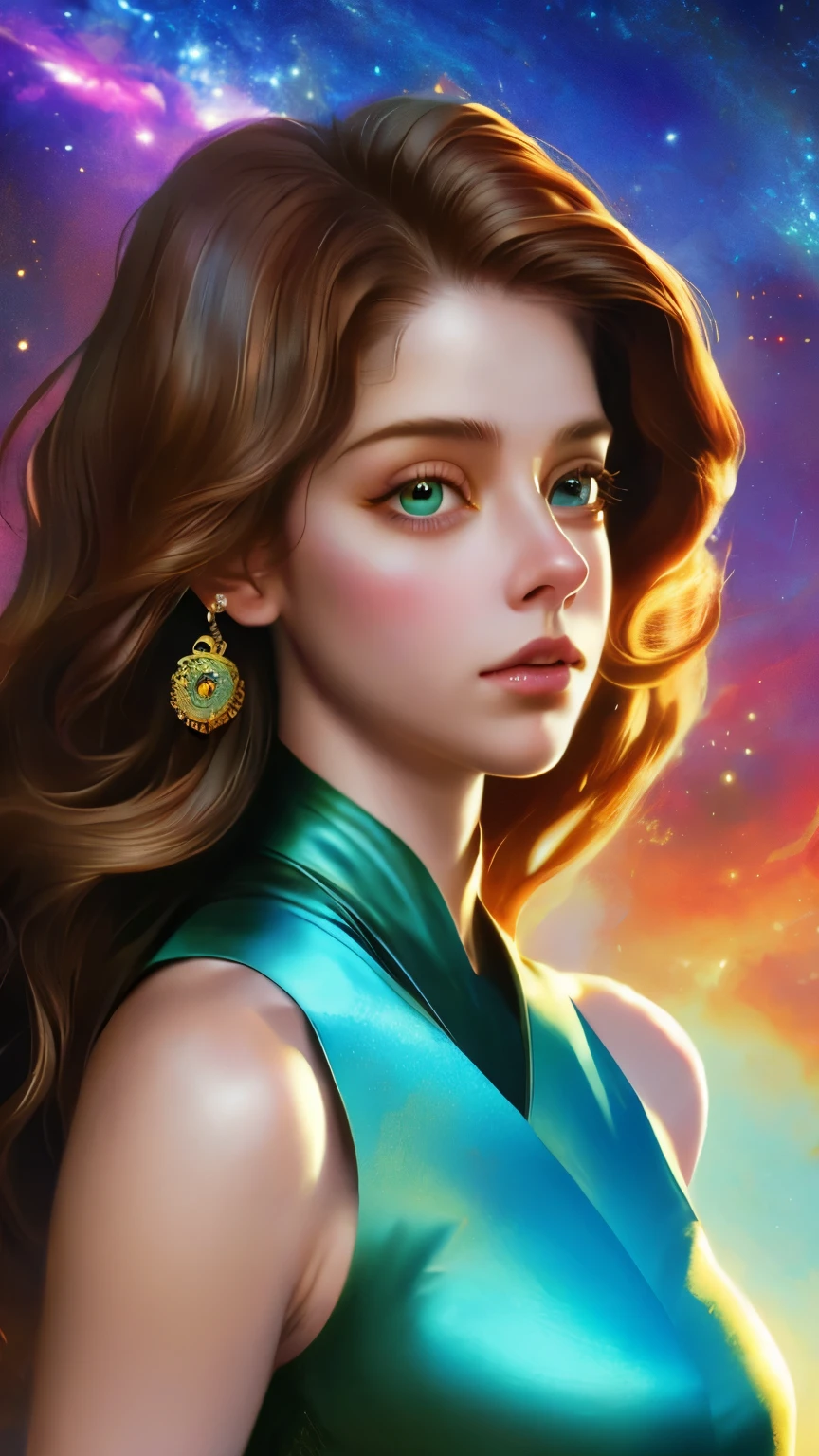 a close up of a woman with a helmet on and a sci - fiore, boris vallejo and tom bagshaw, prophet graphic novel, cosmic artifacts, inspired by Earl Norem, deepdream, awarded on cgsociety, looks a bit similar to amy adams, golden turquoise steampunk, anno 2070  