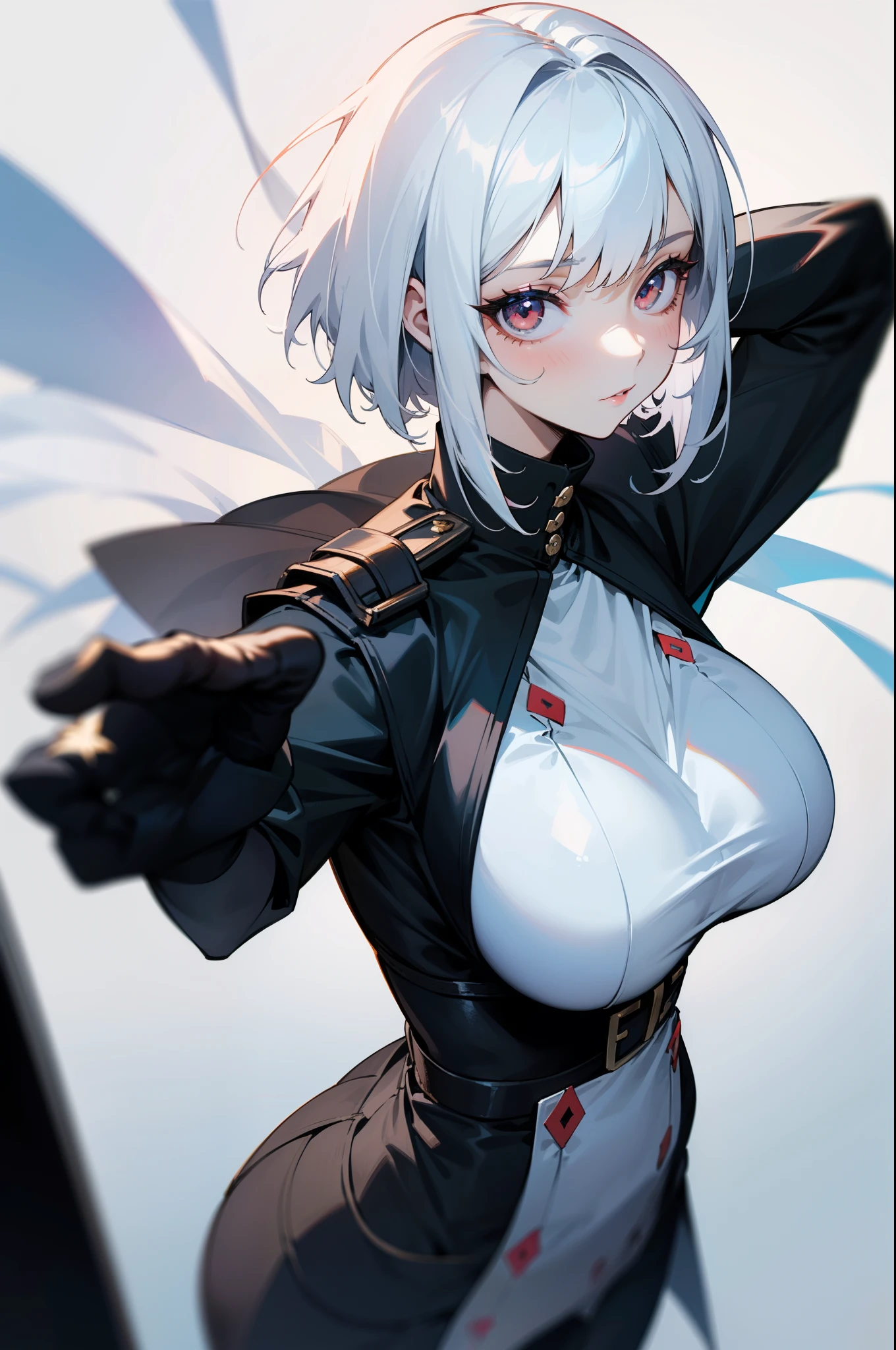 Girl, short white hair, beautiful white eyes, big breasts,🤍⚪️