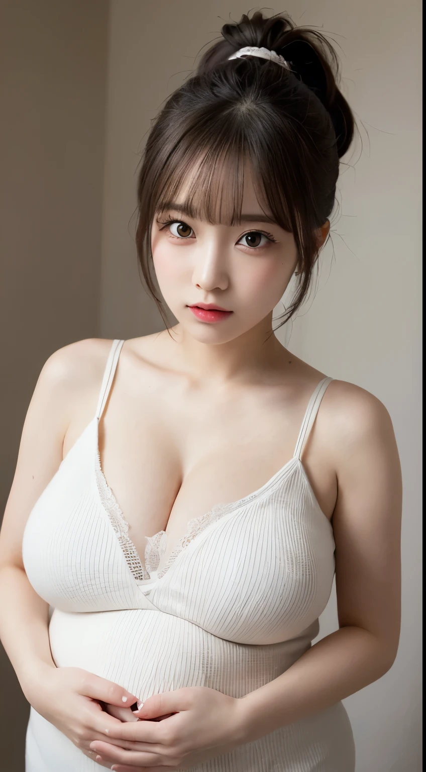 masutepiece, Best Quality, Illustration, Ultra-detailed, delicate detail, Hight Resolution, 8K wallpaper, Perfect dynamic composition, Beautiful detailed eyes, Natural Lip, (Sexy knitted dresses) , ((huge pregnant)) , (((Huge breasts :1.2, and droopy breasts:1.1))), cleavage, Random sexy poses, s whole body, super delicate face, (((Dazzlingly white skin))), moist lips, (ponytail hair), Innocent Big Eyes, Detailed Eyes, ((very detail eyes)), (from above:1.2)