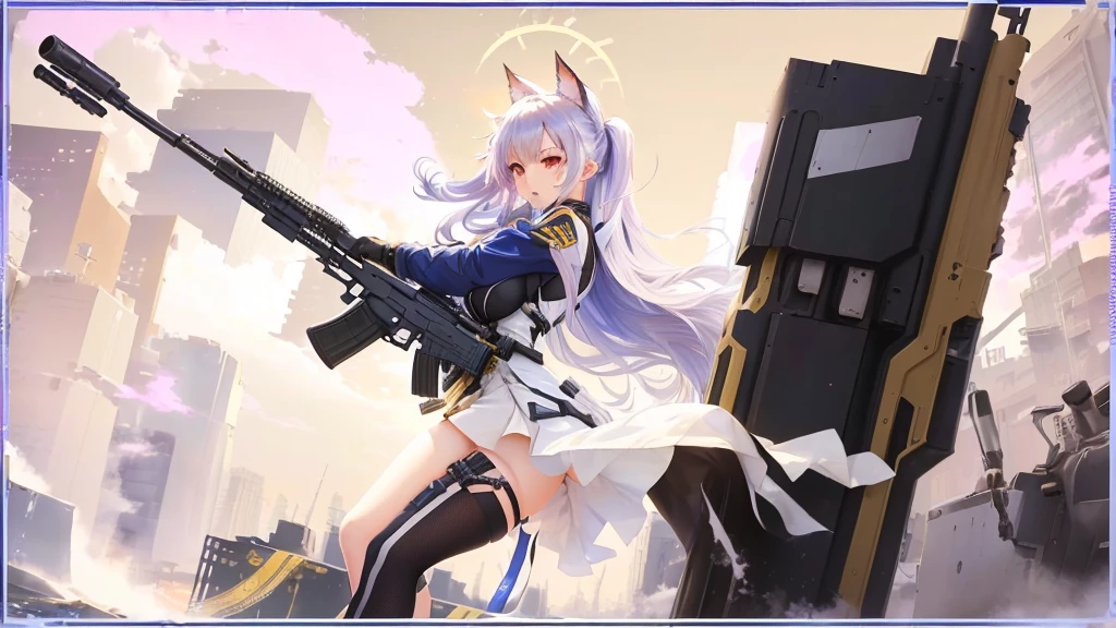 Anime girl holding a gun and a gun in front of the city, From the Azur Lane video game, Azur route style, fine details. Girls' Frontline, from Girls' Frontline, m4 sopmod ii Girls' Frontline, anime goddess, White-haired deity, Mechanized Warrior Girl, Azur Lane Characters, Girls' Frontline style, Girls' Frontline universe, Girls' Frontline cg,((Huge breasts,Cleavage))