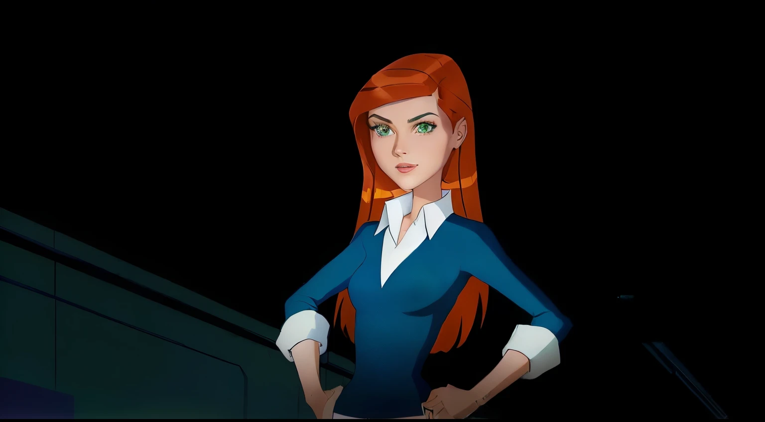 Anime de una mujer con el pelo corto y verde y una camisa azul, Dina Drake, mary jane, inspirado en Bruce Timm, Kim Posible, anya from the spy family x, Sil de especie, Inspirado por Mary Jane comenzar, stacy gwen, pero una mirada severa sobre ella, Zorra, An animation cel by Dana Scully, quinn, amenazador!, inspirado en Daphne Allen, anna