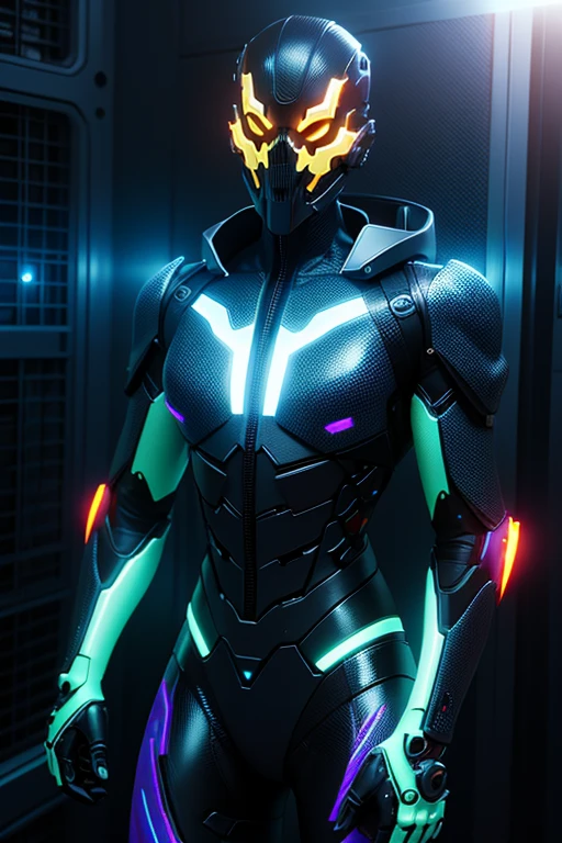 A futuristic exo-skeleton mask, fashion model, vibrant colors, teenage girl, striking pose, dramatic lighting, sci-fi aesthetic, cinematic composition, intricate details, metallic textures, glowing elements, dynamic movement, high contrast, dramatic shadows, neon accents, hyper-realistic rendering, photorealistic, 8k, cinematic quality
