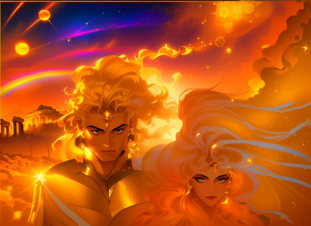 master piece, 8k detail, close up of a painting of a woman and a man, the man is the greek god of the Day (sunlight). his hair is on fire and he radiates light, he wears a gold tunic with gold Sun God medal on his right shoulder . the woman is the Goddess of Night, she has hair that is dark like outer space, with stars shinning in her hair strands. Her skin is the color of the full spectrum (rainbow), He is like Day, she is like Night.  The background has the Parthenon plus mountains in the background.