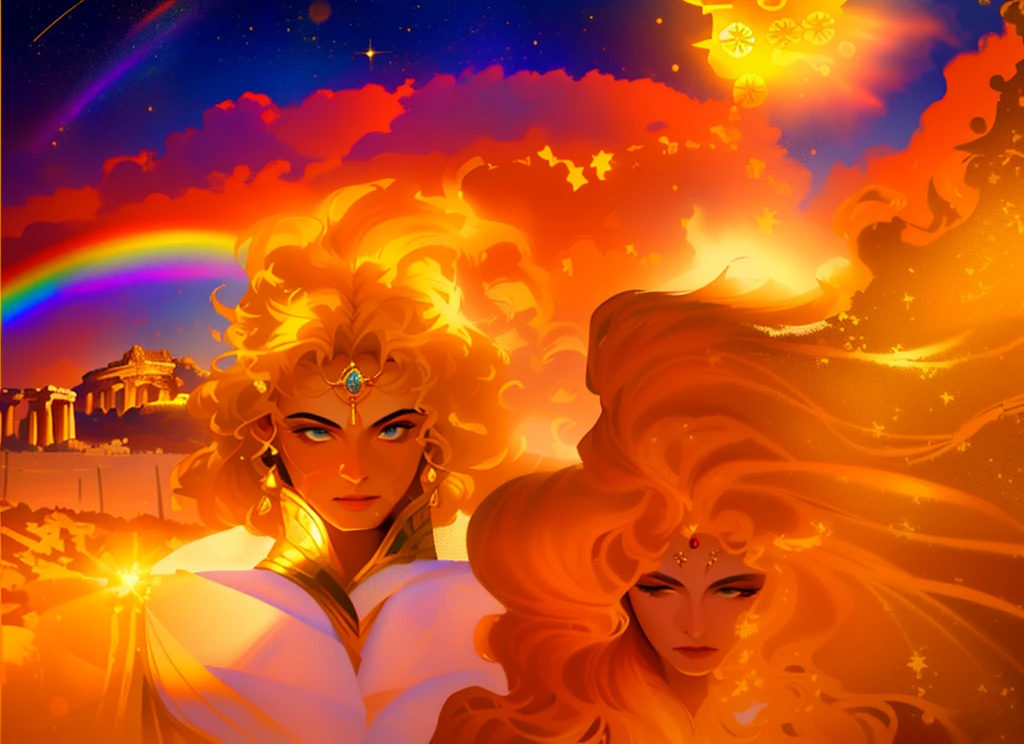 master piece, 8k detail, close up of a painting of a woman and a man, the man is the greek god of the Day (sunlight). his hair is on fire and he radiates light, he wears a gold tunic with gold Sun God medal on his right shoulder . the woman is the Goddess of Night, she has hair that is dark like outer space, with stars shinning in her hair strands. Her skin is the color of the full spectrum (rainbow), He is like Day, she is like Night. The background has the Parthenon plus mountains in the background.