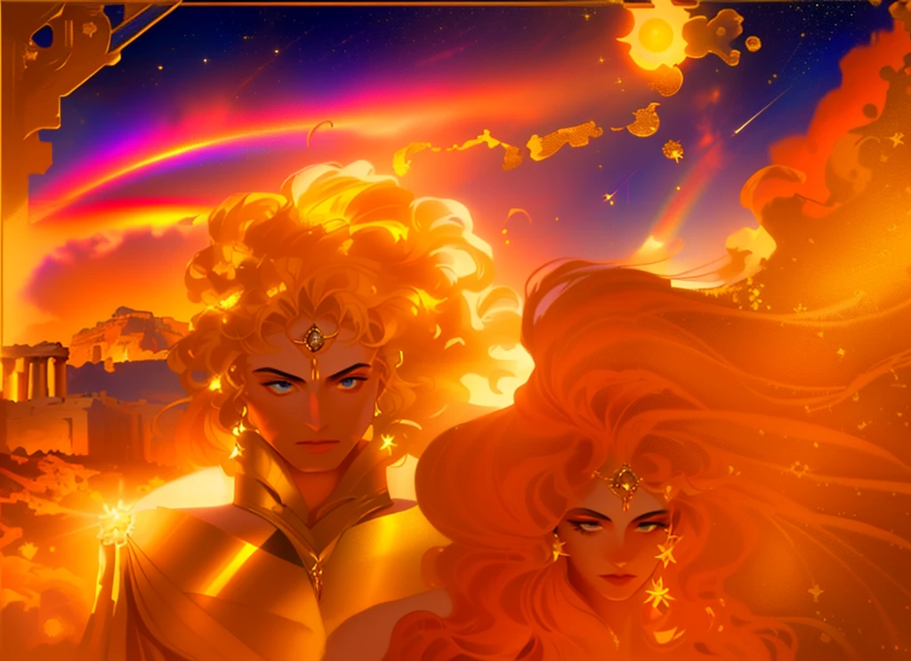 master piece, 8k detail, close up of a painting of a woman and a man, the man is the greek god of the Day (sunlight). his hair is on fire and he radiates light, he wears a gold tunic with gold Sun God medal on his right shoulder . the woman is the Goddess of Night, she has hair that is dark like outer space, with stars shinning in her hair strands. Her skin is the color of the full spectrum (rainbow), He is like Day, she is like Night. The background has the Parthenon plus mountains in the background.