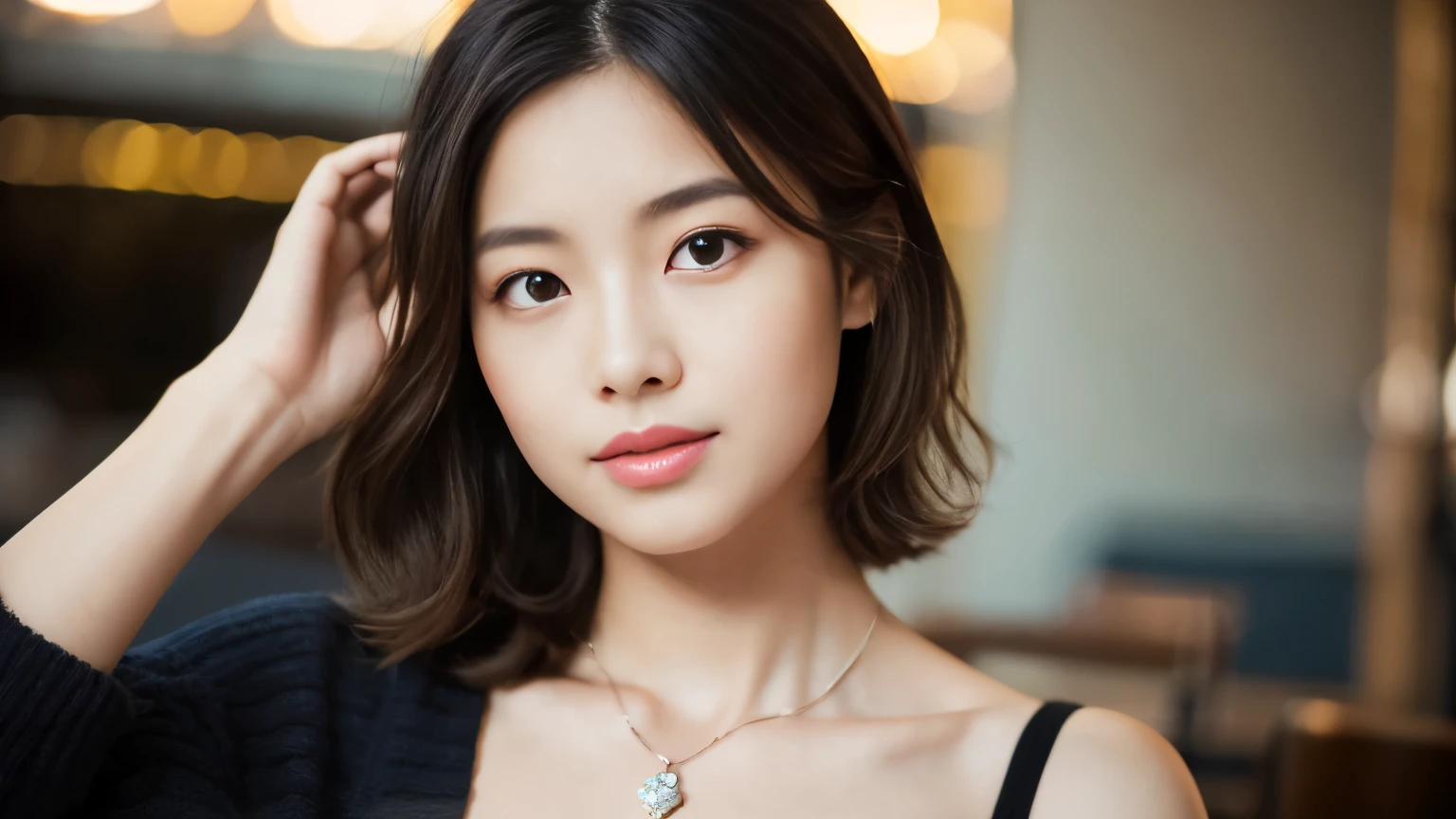 (highest quality、8K、32k、masterpiece、nffsw:1.2)、cute japanese women photos、big and full breasts、very short bobbed hair、Upper body、surface focus、extra large_sweater、necklace、Background of the café、From above、Viewer looking x4、(8K、RAW photo、highest quality、masterpiece:1.2)、(realistic、Photoreal:1.37)、1 girl、cute、professional lighting、photon mapping、Physically based rendering、gradient brunette hair、short curly hair、Handsome、girly、excellent image quality、High resolution、1080p、(clean face)、(Detailed facial description)、(Detailed hand explanation)、(Masseter muscle part)、(Detailed CG)、 extreme light and shadow、hair is dirty、masterpiece、rich details、(exquisite features)、(best image quality)、(masterpiece)、(detailed eye)、looking forward to your eyes、delicate clavicle、Various poses、Don&#39;don&#39;t watch the mela、profile、Photographed inside the cafe、Spring clothes、simple necklace、light blue knit