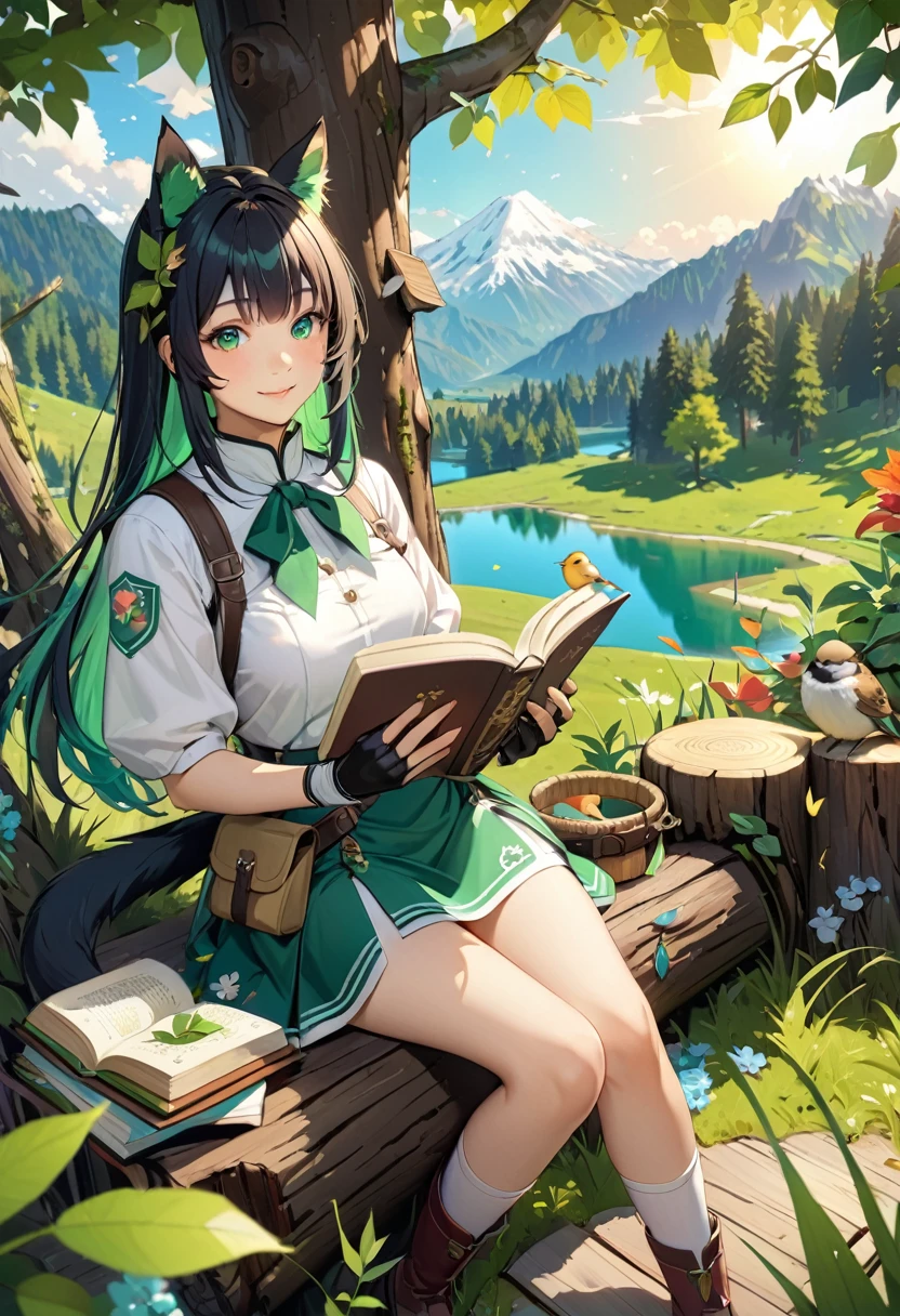 masterpiece, highest quality,, One girl, Sitting, animal, animal ears, bird, black_hair, Book, Bookmark, branch, gloves, Grass, green hair, Holding, Holding Book, Food, Food down, leaf, View Viewer, multicolored hair, open_Book, partially fingerless gloves, pen, plant, Pouch, 羽pen, read, Sitting, smile, alone, tail, wood, wood stump,, null, sun, Mountain, forest, lake