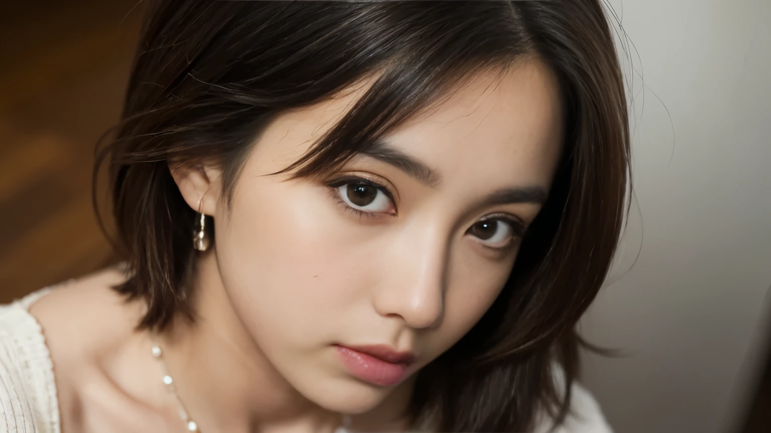 (highest quality、8K、32k、masterpiece、nffsw:1.2)、cute japanese women photos、big and full breasts、very short bobbed hair、Upper body、surface focus、extra large_sweater、necklace、Background of the café、From above、Viewer looking x4、(8K、RAW photo、highest quality、masterpiece:1.2)、(realistic、Photoreal:1.37)、1 girl、cute、professional lighting、photon mapping、Physically based rendering、gradient brunette hair、short curly hair、Handsome、girly、excellent image quality、High resolution、1080p、(clean face)、(Detailed facial description)、(Detailed hand explanation)、(Masseter muscle part)、(Detailed CG)、 extreme light and shadow、hair is dirty、masterpiece、rich details、(exquisite features)、(best image quality)、(masterpiece)、(detailed eye)、looking forward to your eyes、delicate clavicle、Various poses、Don&#39;don&#39;t watch the mela、profile、Photographed inside the cafe、Spring clothes、simple necklace、light blue knit