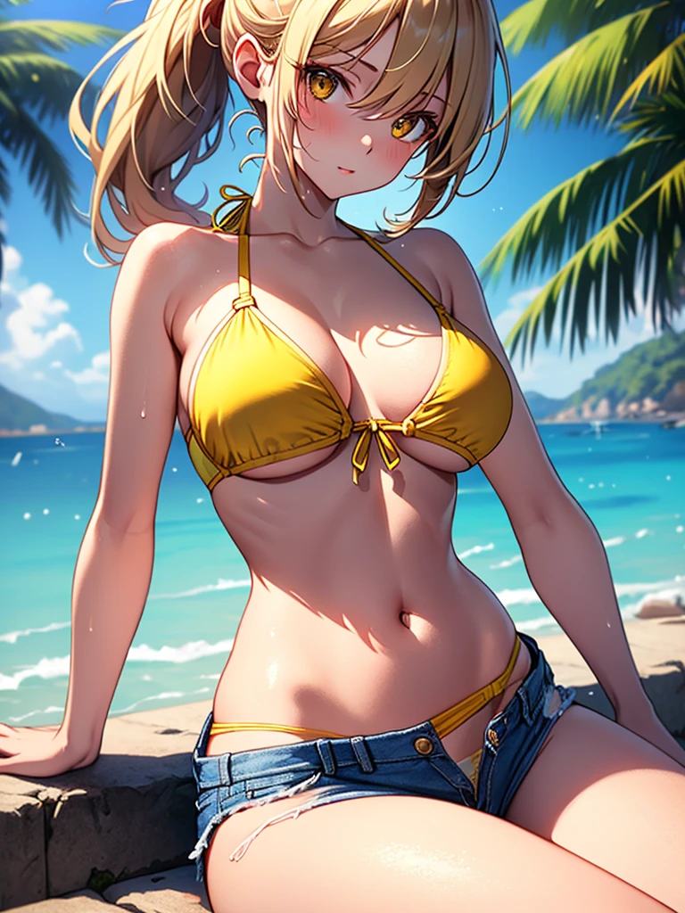 (highest quality, High resolution, perfect pixel, Depth of bounds written, 4K), detailed eyes, (1 lady), tall, (skinny body:1.2), (thin thighs:1.2), (Narrow hips:1.2), middle breasts, blond hair, (ponytail:1.2), (yellow triangle bikini:1.2), (unbutton:1.3), (yellow rio cut pants), (panty strap:1.3), (denim short pull:1.2), (Sitting Cross-legged:1.2), (arm up), (clear face), sweat, 