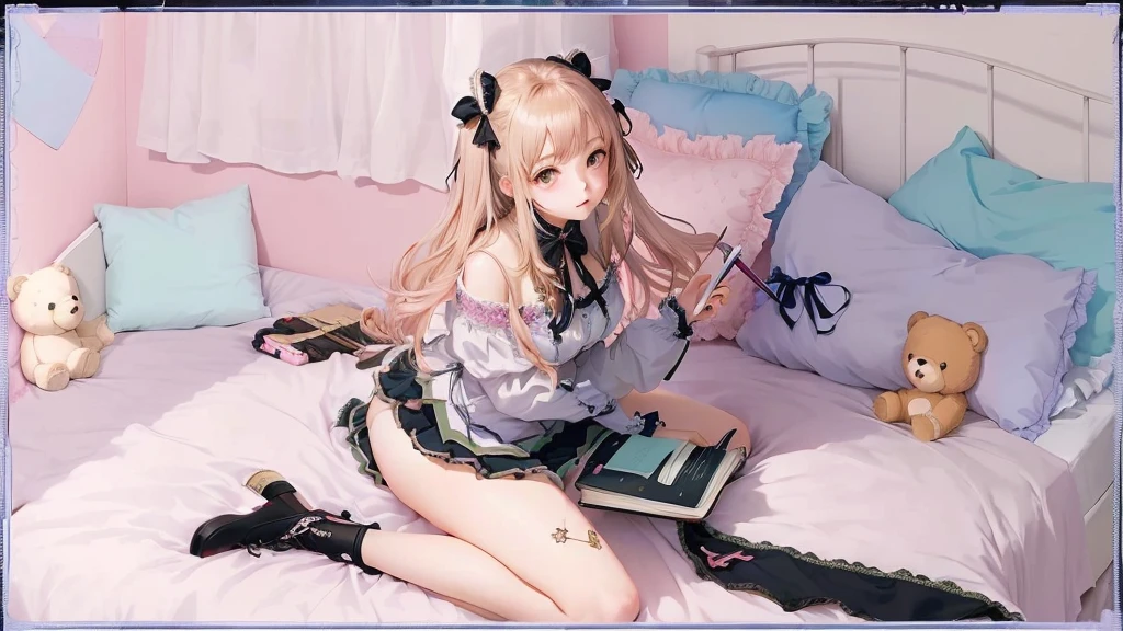 Anime girl sitting on the bed,Holding a notebook and teddy bear, fine details. Girls' Frontline, from Girls' Frontline, Attractive anime girl, Girls' Frontline style, From Arknights, Girls' Frontline cg, guys, Android heroine, ,((Large Breasts))((Cleavage,Cleavage)) Top rated on Pixiv, cyber school girl, Girls' Frontline, From the Azur Lane video game,