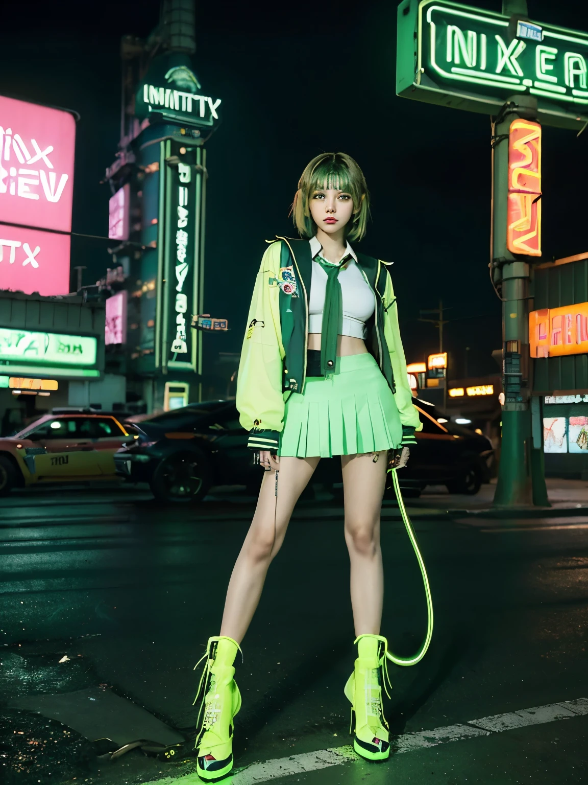 (((cyberpunk world))), (masterpiece, of the highest quality, Best Quality, Official art, Beautiful and aesthetic:1.2), (1 girl:1.4), 16 years old, super short cut hair, (green hair:1.4), (highly detailed:1.3), (Colorful:1.5), (mechanical modification:1.3), (high school girl:1.3), white skin, (Fox eyes:1.2), Japanese girl, (neon background:1.4), (neon city:1.75), night, large breasts, (high school uniform:1.5), Glossy lips, Glamorous figure, pleated skirt, tank top, Beautiful collarbone, beautiful thigh, Beautiful legs, barefoot, loafers, makeup, (cyberpunk:1.4), (looking at viewer:1.3), colossal tits, Detailed skin texture, Detailed cloth texture, smile, open mouth, Beautiful detailed face, Intricate details, Ultra detailed, random pose