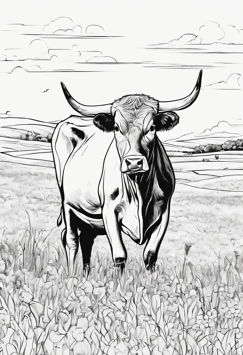 black and white, coloring image, coloring image adult, high quality, sketchbook, 8k, fine lines, rendered in black and white, high definition, White background, cow, farmhouse, eat, grass