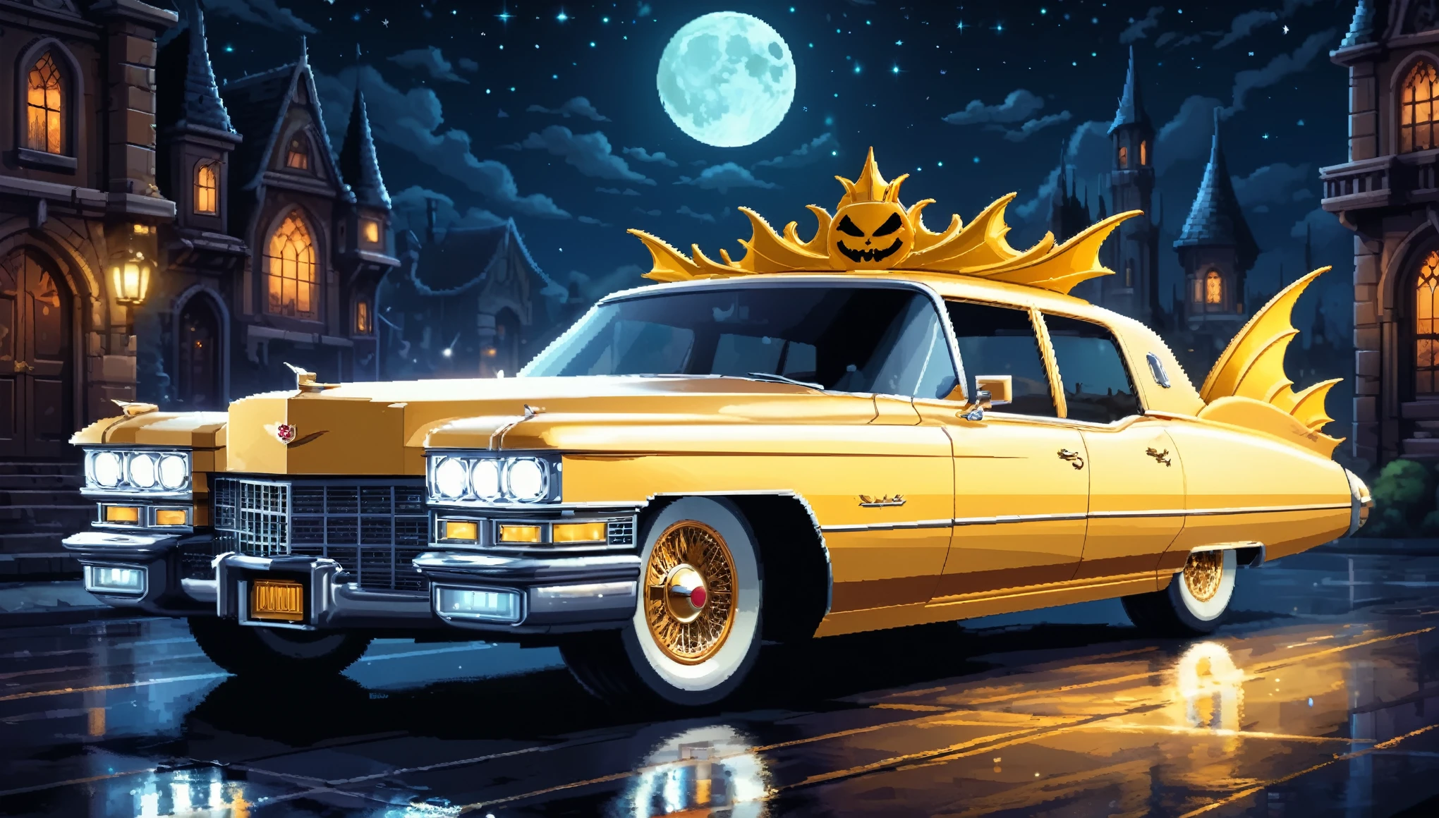 Bright epic professional (cute cartoon pixel illustration:1.2), (masterpiece in maximum 16K resolution, superb quality, ultra detailed:1.3), side view of a grand (bizarre:1.2) light golden Cadillac with tall wheels and (sharp features, decorated with the bat symbol and folding roof), speeding amidst the silhouetted Gothic world of at ethereal night, sparkles.