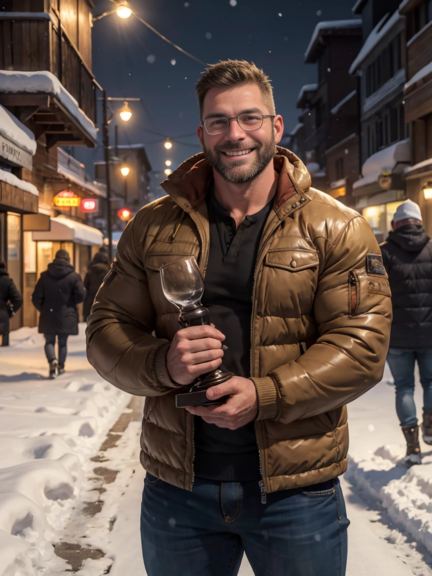 Award-winning original photo，2 people, Wild muscle man, (40 year old dad:1.1), beard, Burly, Macho, Jacket, Smiling happily, One of the men wearing glasses, standing on a snow city streets, Cold atmosphere, snow, Embrace, detailed, charming, Close-up of face