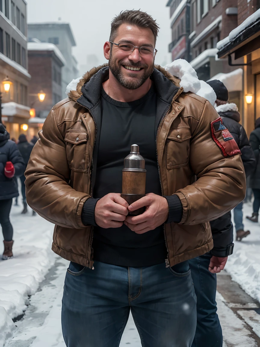 Award-winning original photo，2 people, Wild muscle man, (40 year old dad:1.1), beard, Burly, Macho, Jacket, Smiling happily, One of the men wearing glasses, standing on a snow city streets, Cold atmosphere, snow, Embrace, detailed, charming, Close-up of face