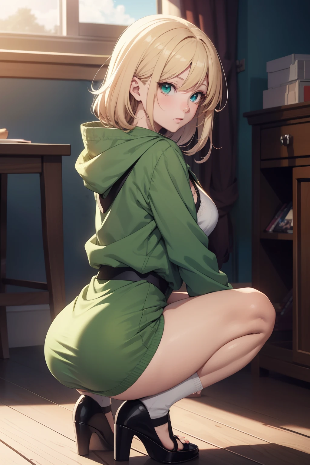 anime - style woman in a short dress with a green jacket, beautiful anime girl squatting, detailed digital anime art, at pixiv, trending on artstation pixiv, thicc, smooth anime cg art, anime waifu, seductive anime girl, beautiful alluring anime woman, looking from behind, pixiv 3dcg, best anime 4k konachan wallpaper