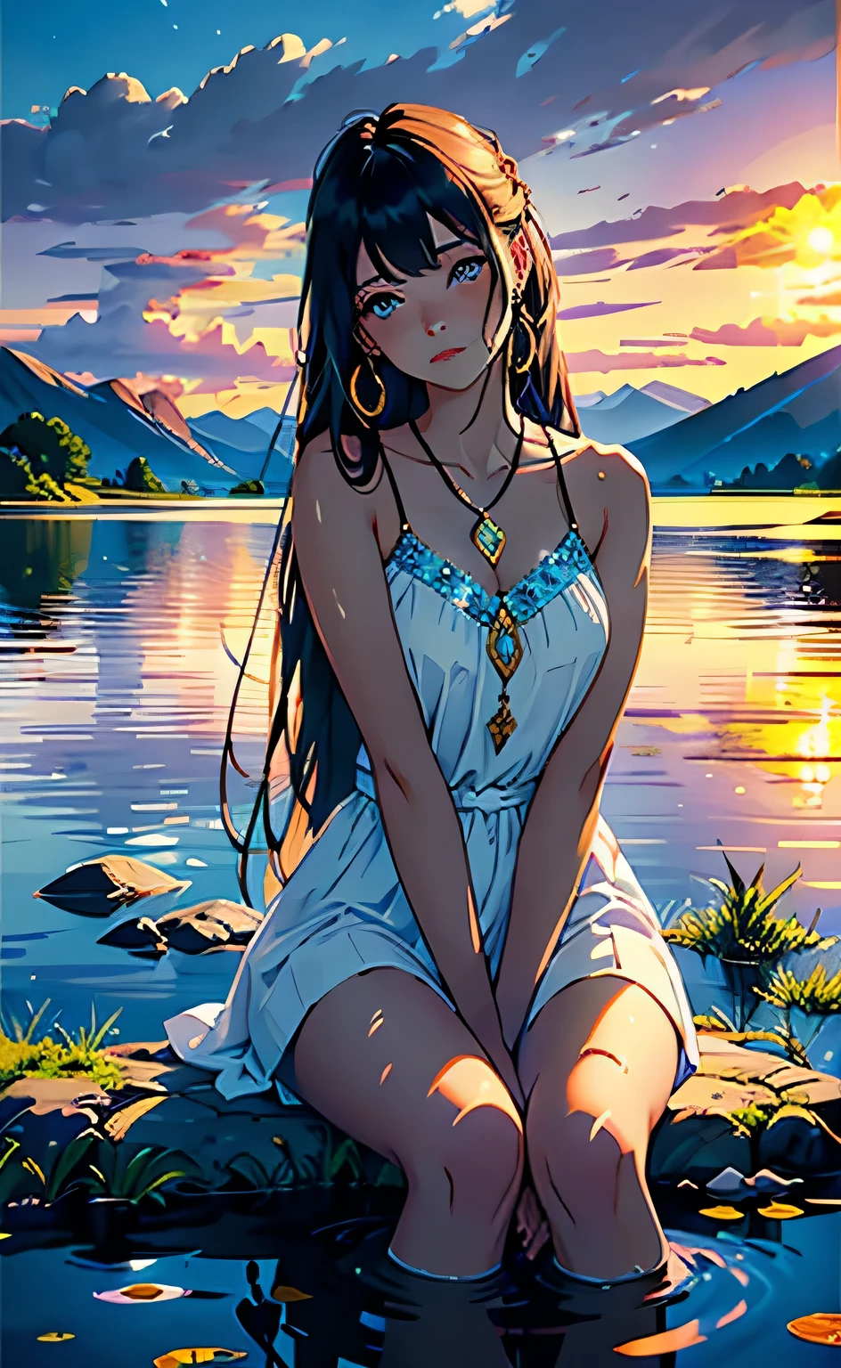 1 girl, serene expression, mesmerizing eyes, straight long hair, flowing dress, poised posture, porcelain skin, subtle blush, crystal pendant
BREAK
golden hour, (rim lighting):1.2, warm tones, sun flare, soft shadows, vibrant colors, painterly effect, dreamy atmosphere
BREAK
scenic lake, distant mountains, willow tree, calm water, reflection, sunlit clouds, peaceful ambiance, idyllic sunset, ultra detailed, official art, unity 8k wallpaper
, zentangle, mandala