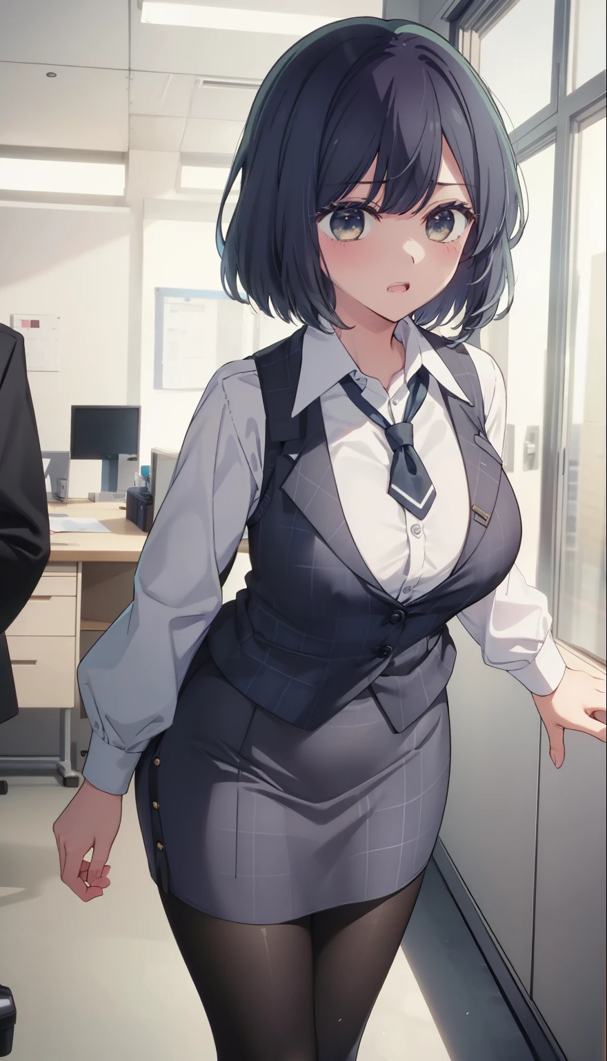 highest quality, Flying debris、Beautiful woman、Office Lady、Black Hair、(Brown eyes、Big Breasts、Blunt bangs)、short hair、Dark blue checked office suit)、new employee,Full Body Shot、Female office lady、break(Dark blue checked vest、White dress shirt、Navy blue mini tight pencil skirt:1.2)、(Black Pantyhose、garter belt、High heels)、break(office:1.3)、Cleavage、Shirt buttons fly off、Absolute area、Blushing、Embarrassed、Standing posture、Open your mouth、Exposing the breasts、Bare your breasts、No panties、No bra、Nipples are visible、Expose the nipple