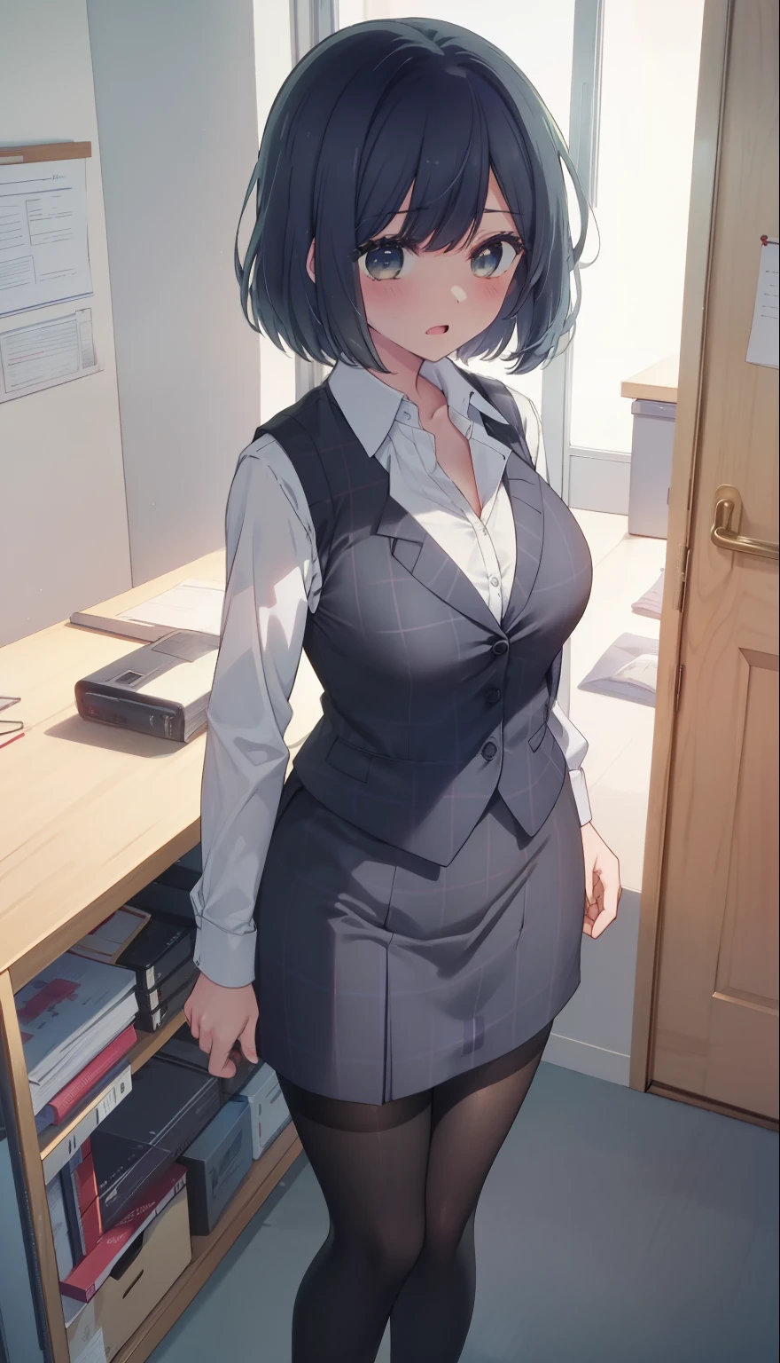 highest quality, Flying debris、Beautiful woman、Office Lady、Black Hair、(Brown eyes、Big Breasts、Blunt bangs)、short hair、Dark blue checked office suit)、new employee,Full Body Shot、Female office lady、break(Dark blue checked vest、White dress shirt、Navy blue mini tight pencil skirt:1.2)、(Black Pantyhose、garter belt、High heels)、break(office:1.3)、Cleavage、Shirt buttons fly off、Absolute area、Blushing、Embarrassed、Standing posture、Open your mouth、Exposing the breasts、Bare your breasts、No panties、No bra、Nipples are visible、Expose the nipple