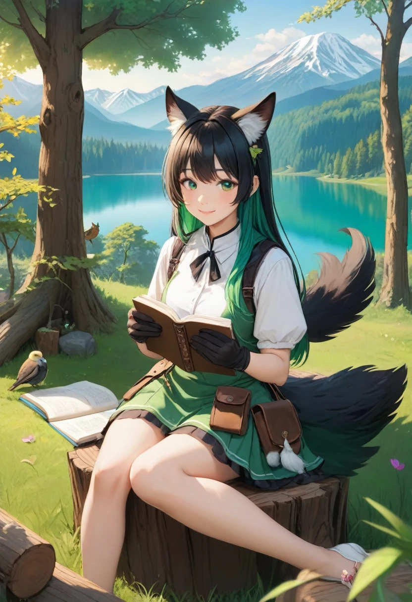 masterpiece, highest quality,, One girl, Sitting, animal, animal ears, bird, black_hair, Book, Bookmark, branch, gloves, Grass, green hair, Holding, Holding Book, Food, Food down, leaf, View Viewer, multicolored hair, open_Book, partially fingerless gloves, pen, plant, Pouch, 羽pen, read, Sitting, smile, alone, tail, wood, wood stump,, null, sun, Mountain, forest, lake