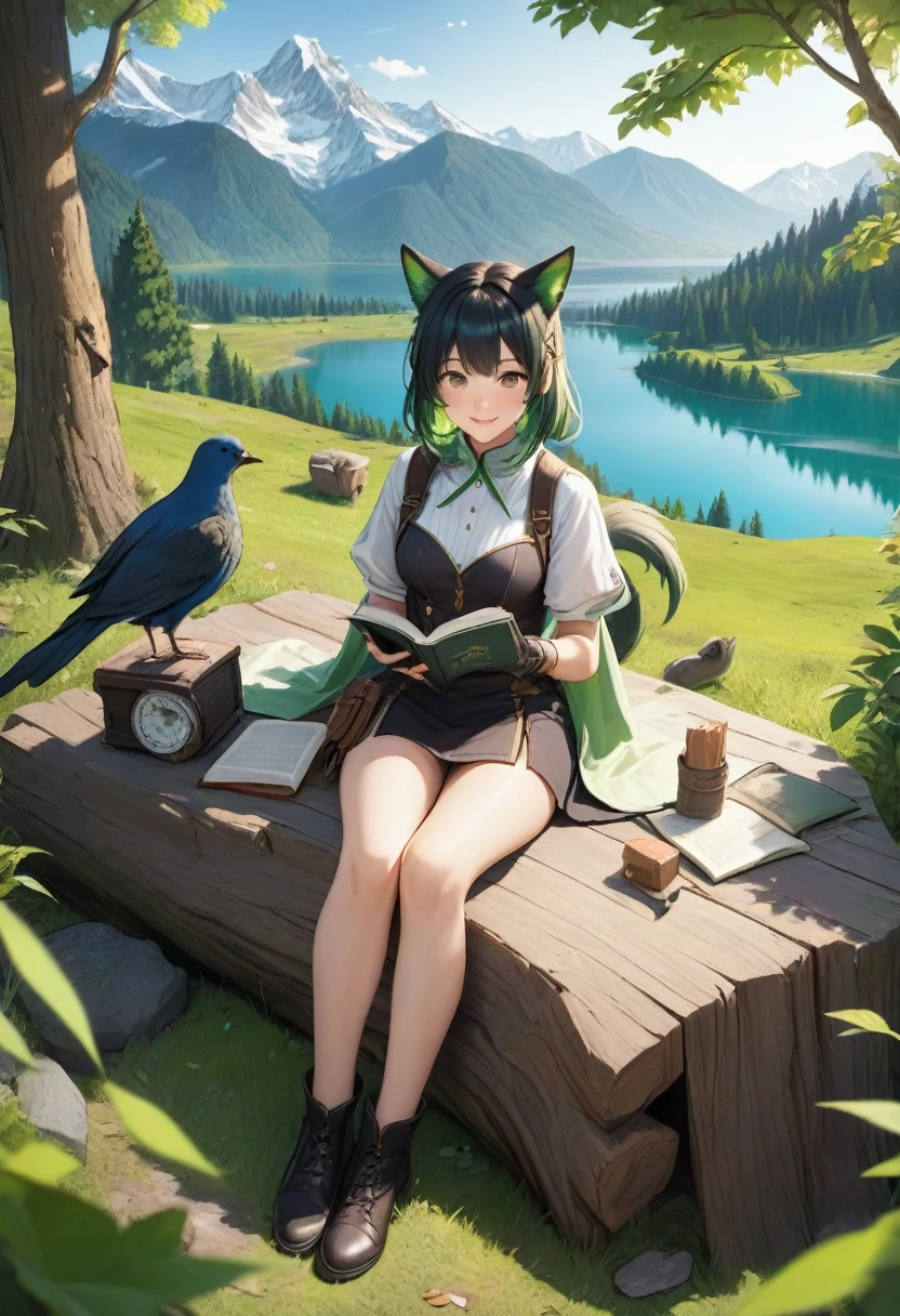 masterpiece, highest quality,, One girl, Sitting, animal, animal ears, bird, black_hair, Book, Bookmark, branch, gloves, Grass, green hair, Holding, Holding Book, Food, Food down, leaf, View Viewer, multicolored hair, open_Book, partially fingerless gloves, pen, plant, Pouch, 羽pen, read, Sitting, smile, alone, tail, wood, wood stump,, null, sun, Mountain, forest, lake