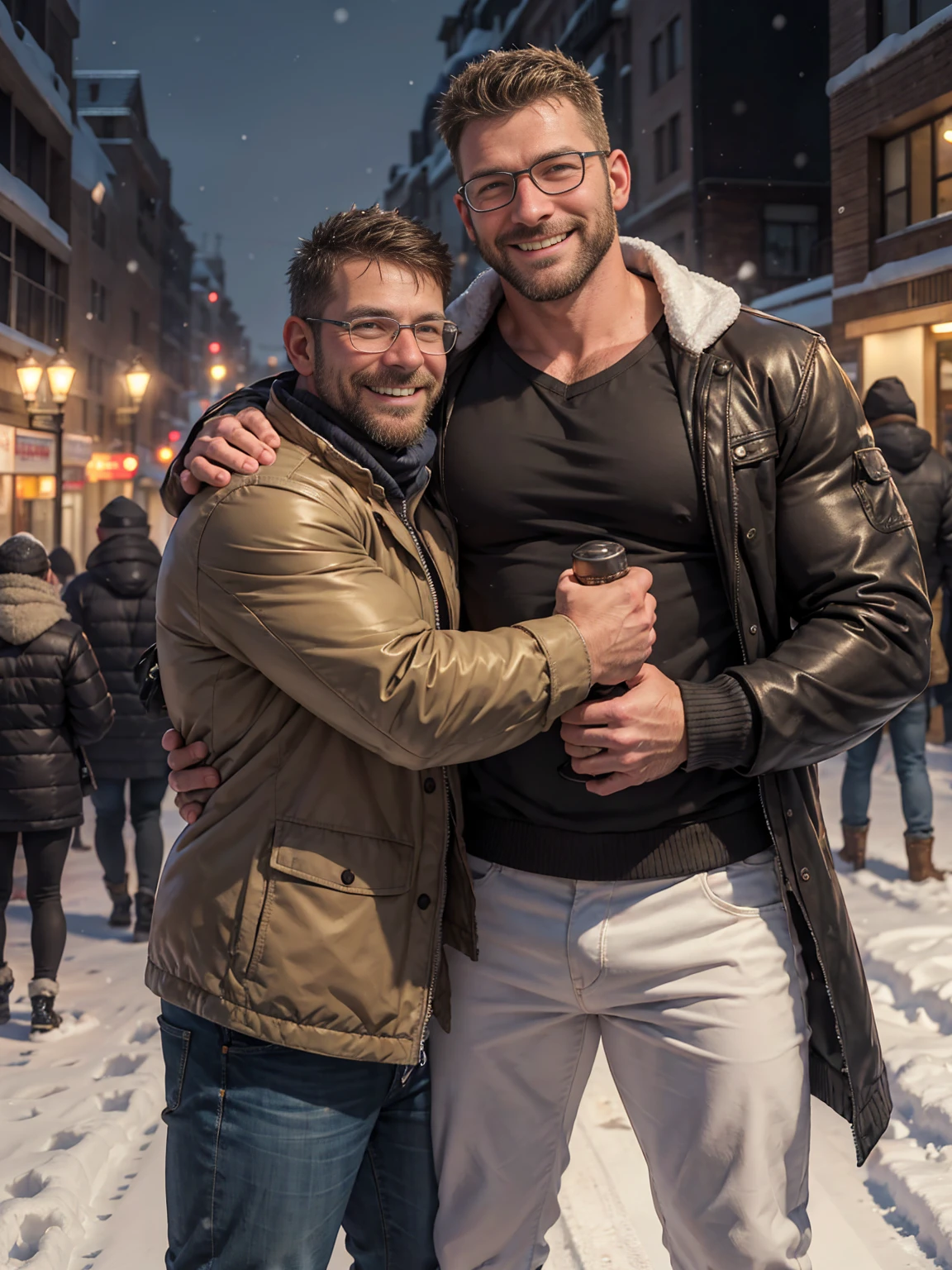 Award-winning original photo，2 people, Wild muscle man, (40 year old dad:1.1), beard, Burly, Macho, Jacket, Smiling happily, One of the men wearing glasses, standing on a snow city streets, Cold atmosphere, snow, Embrace, detailed, charming, Close-up of face