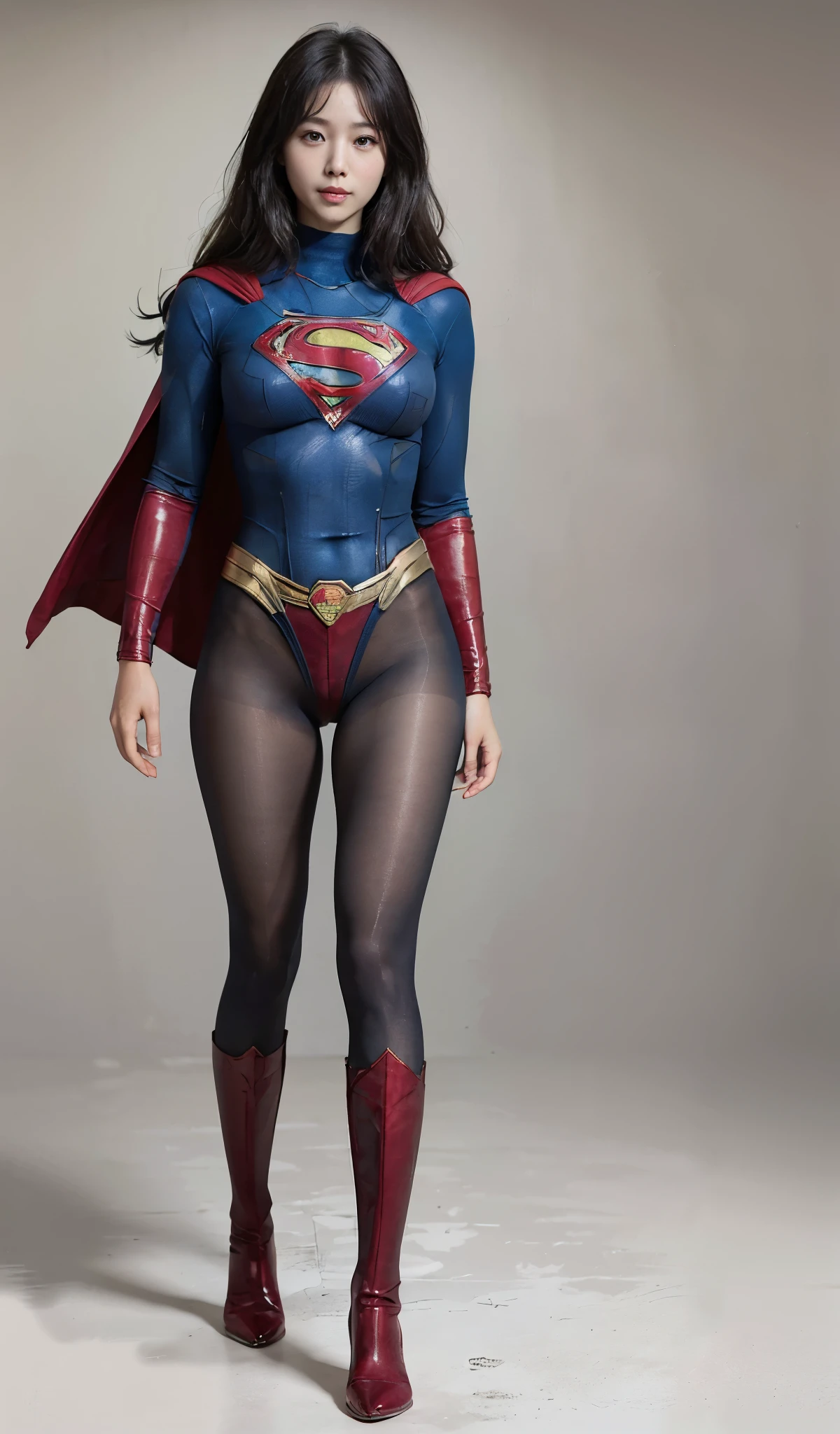 No background、(((Beautiful legs in black tights.)))、(((Legally express the beauty of your smile)))、((((Make the most of your original images)))、(((Supergirl Costume)))、(((Beautiful Hair)))、(((suffering)))、(((Please wear black tights....、Wear red boots)))、((Best image quality、8k))、((highest quality、8k、masterpiece:1.3))、(((Preserve background )))、Sharp focus:1.2、Beautiful woman with perfect figure:1.4、Slim Abs:1.2、Wet body:1.5、Highly detailed face and skin texture、8k